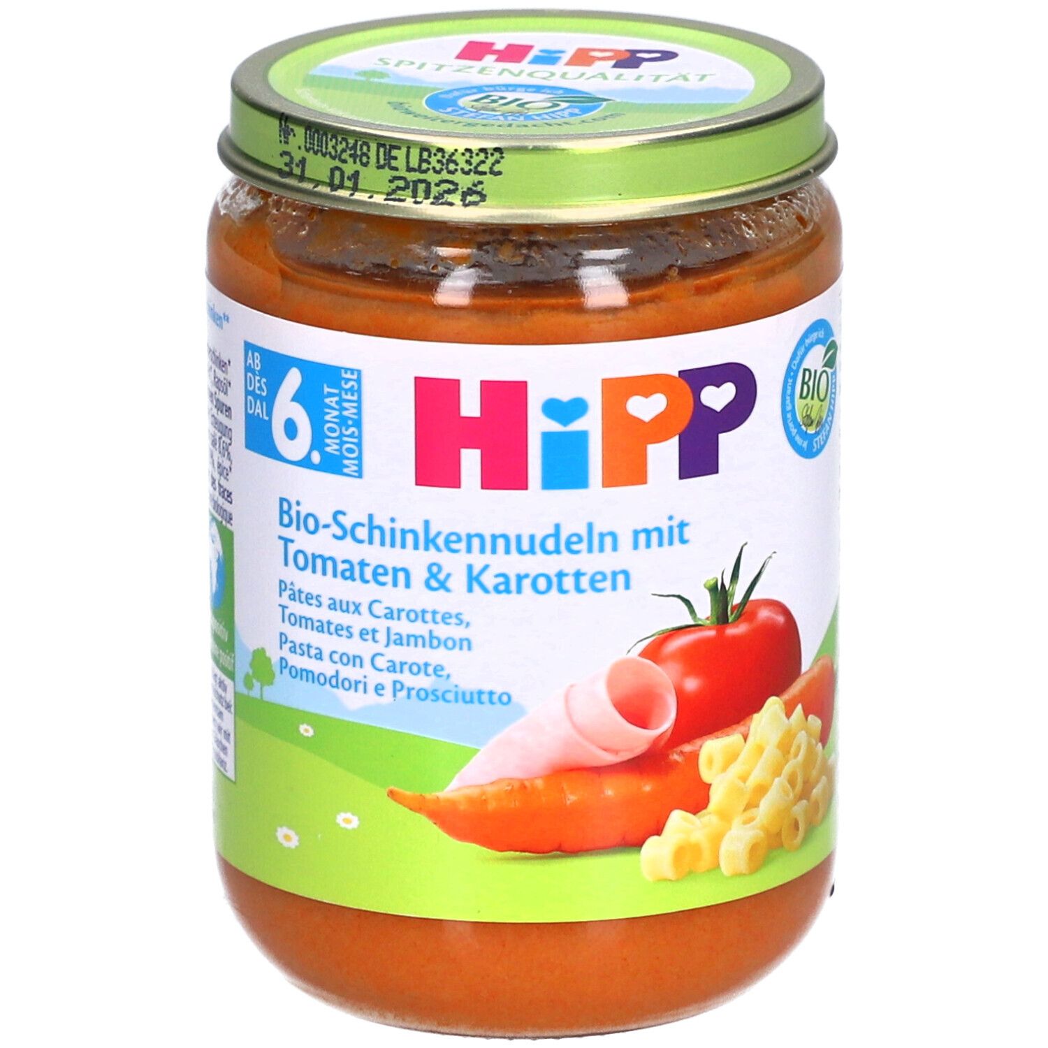Pot de HiPP Bio-Nudeln mit Schinken Tomaten & Karotten. Dès 6 mois. Illustrations de tomate, carotte, pâtes et jambon.