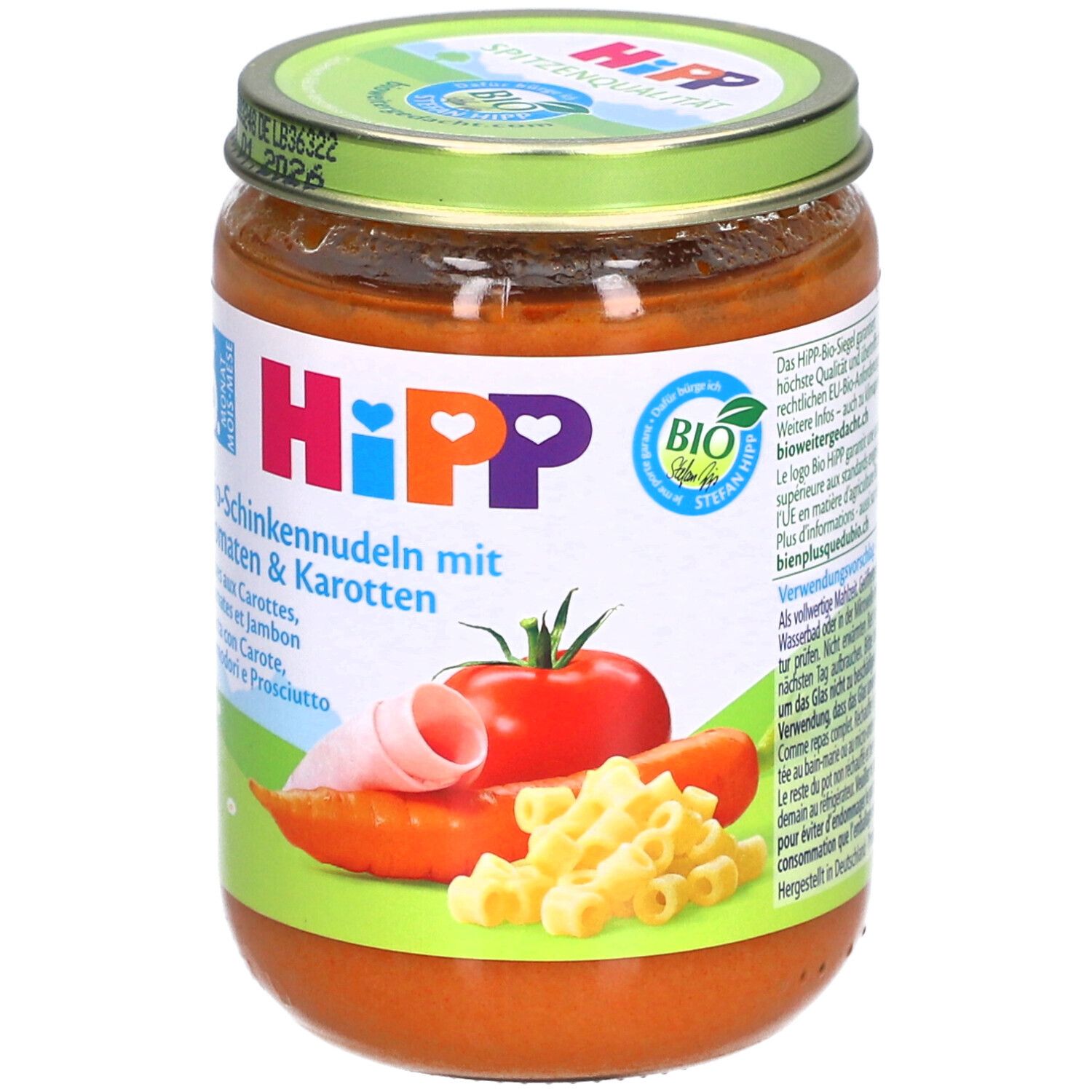 Pot de HiPP Bio-Nudeln mit Schinken Tomaten & Karotten. Dès 6 mois. Illustrations de tomate, carotte, pâtes et jambon.