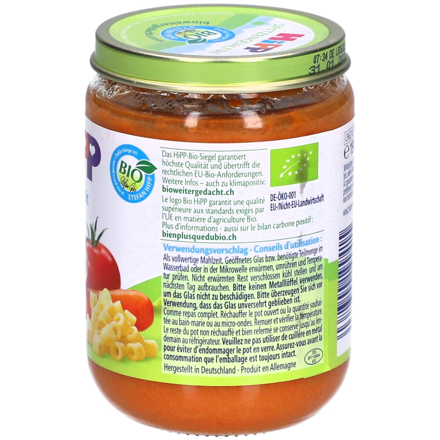 Dos du pot HiPP Bio-Nudeln mit Schinken Tomaten & Karotten. Label bio, conseils d'utilisation et de préparation.