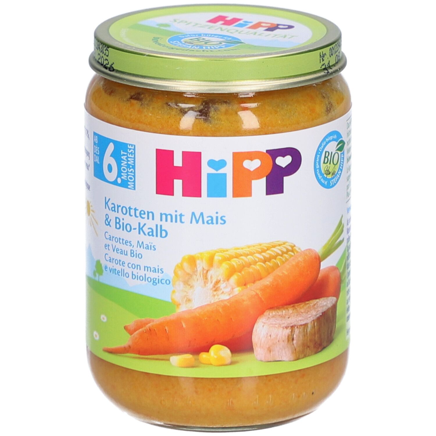 Glas mit HiPP Bio-Karottenpüree Mais & Kalb. Abbildung von Karotten, Mais und Kalbfleisch. Bio-Siegel.