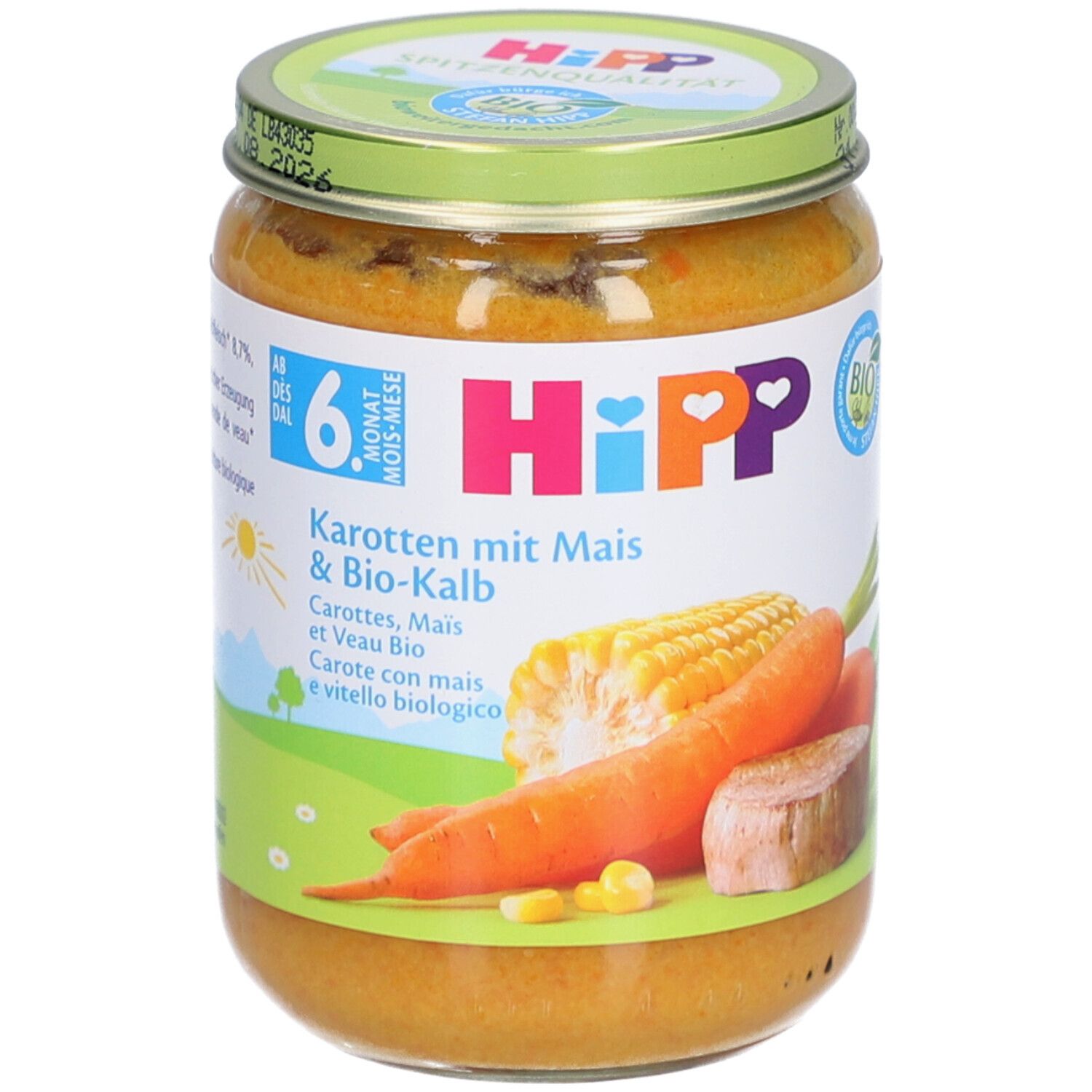 Glas mit HiPP Bio-Karottenpüree Mais & Kalb. Karotten, Mais und Kalbfleisch abgebildet. Bio-Siegel.