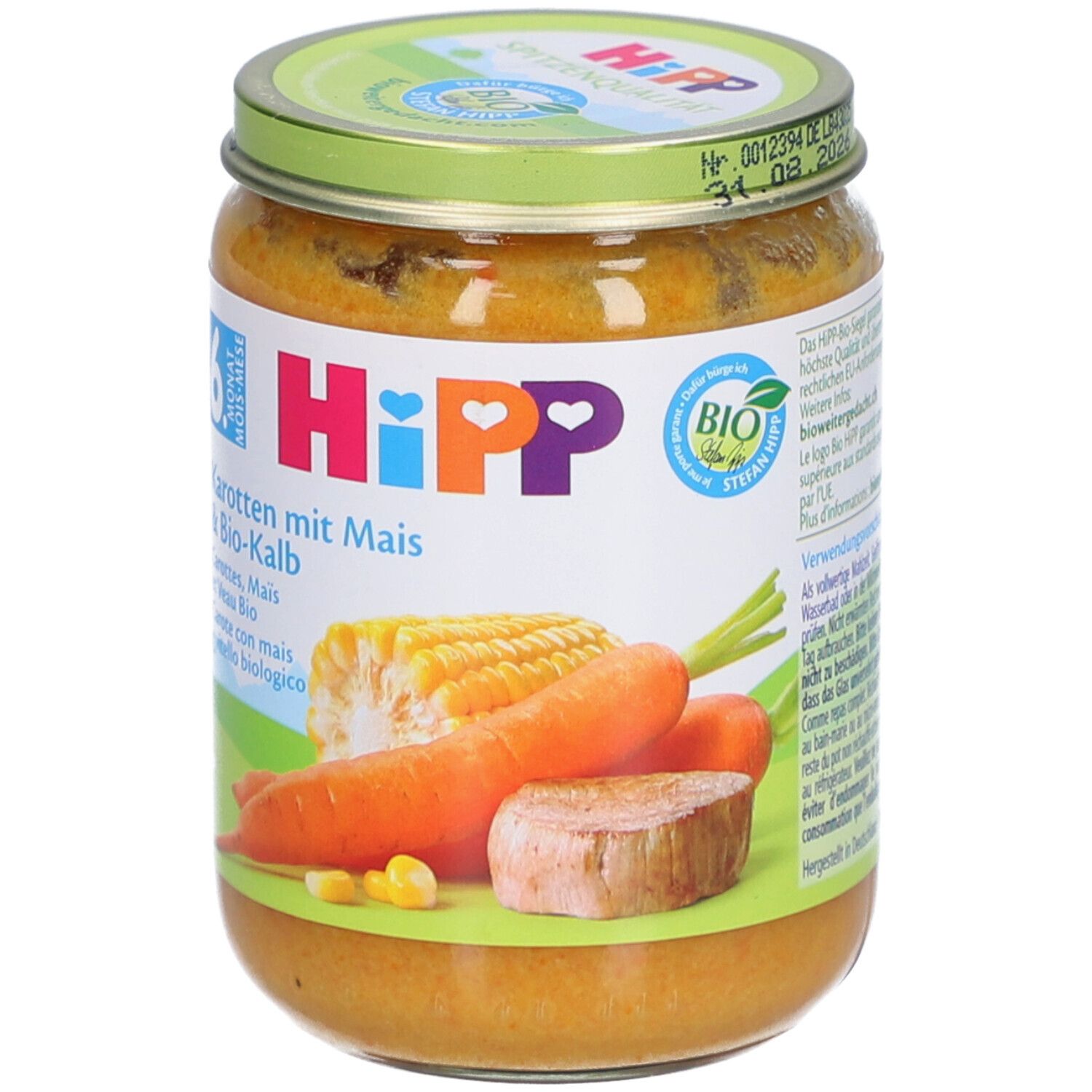 Glas HiPP Bio-Karottenpüree Mais & Kalb. Karotten, Mais und Kalbfleisch abgebildet. Bio-Siegel. Stefan Hipp.