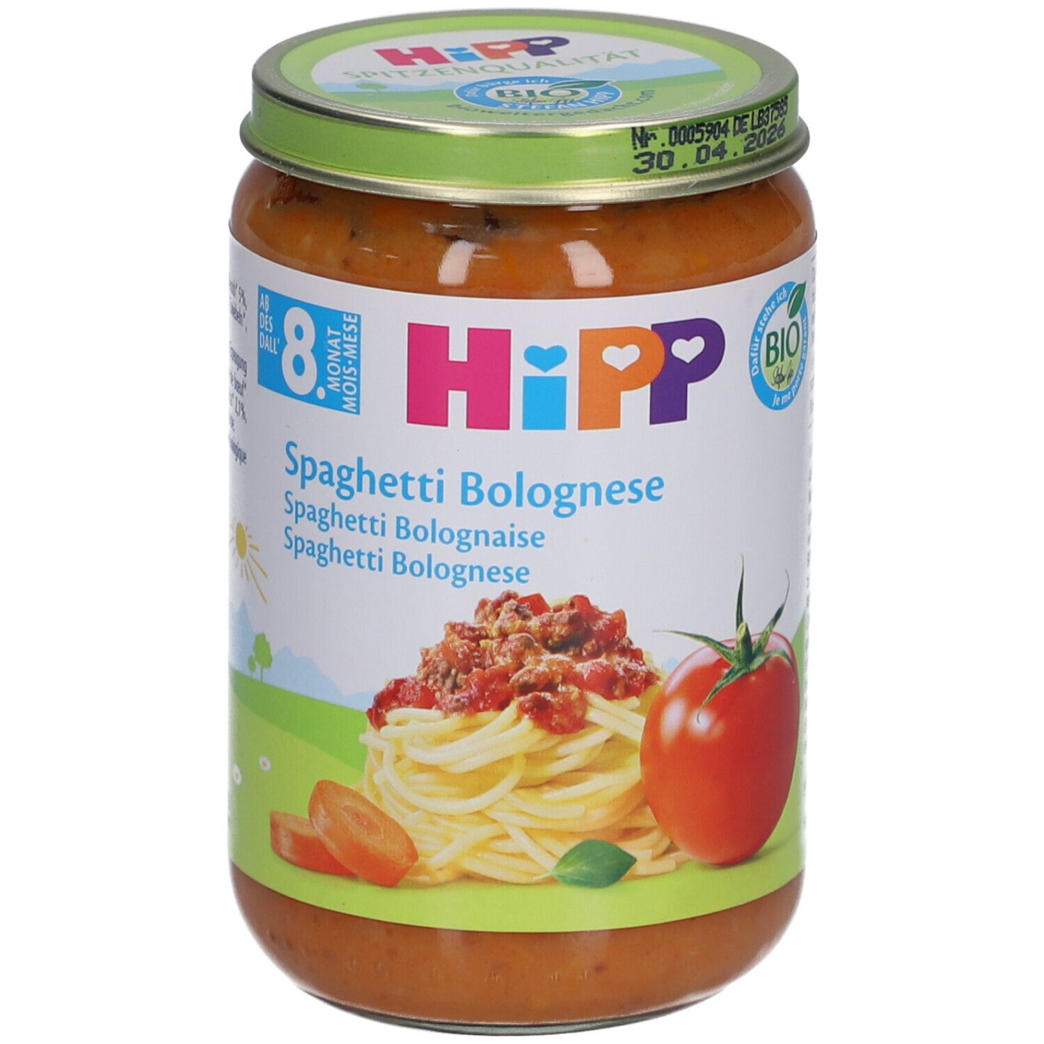 Glas mit Spaghetti Bolognese für Babys ab 8 Monaten. Etikett mit Logo, Produktname und Abbildung von Spaghetti und Tomate.