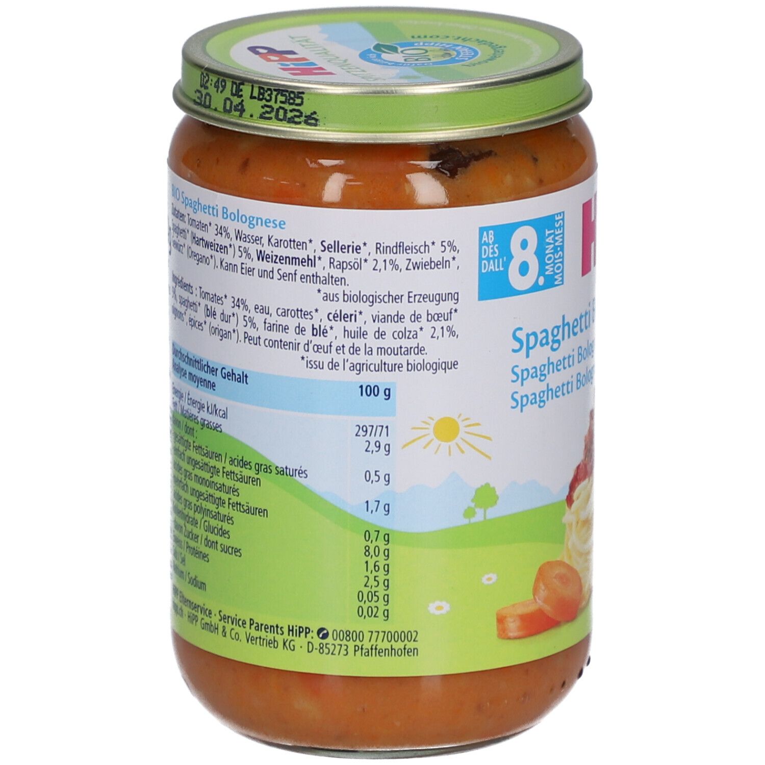 Rückseite des Glases mit Spaghetti Bolognese. Zutatenliste, Nährwertangaben und Logo. Inhalt: 100g.