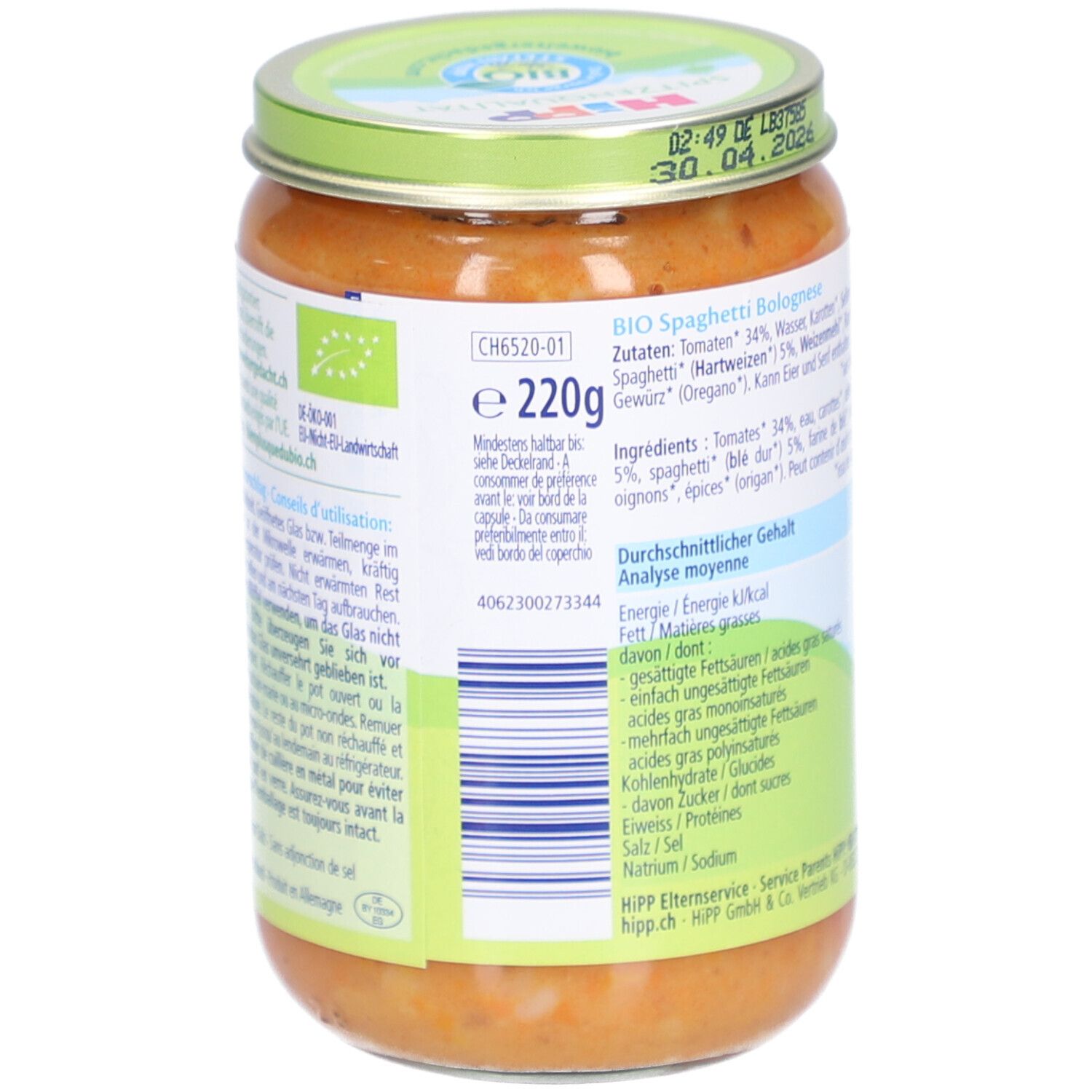 Rückseite des Glases mit Spaghetti Bolognese. Zutatenliste, Nährwertangaben und Logo. Inhalt: 220g.