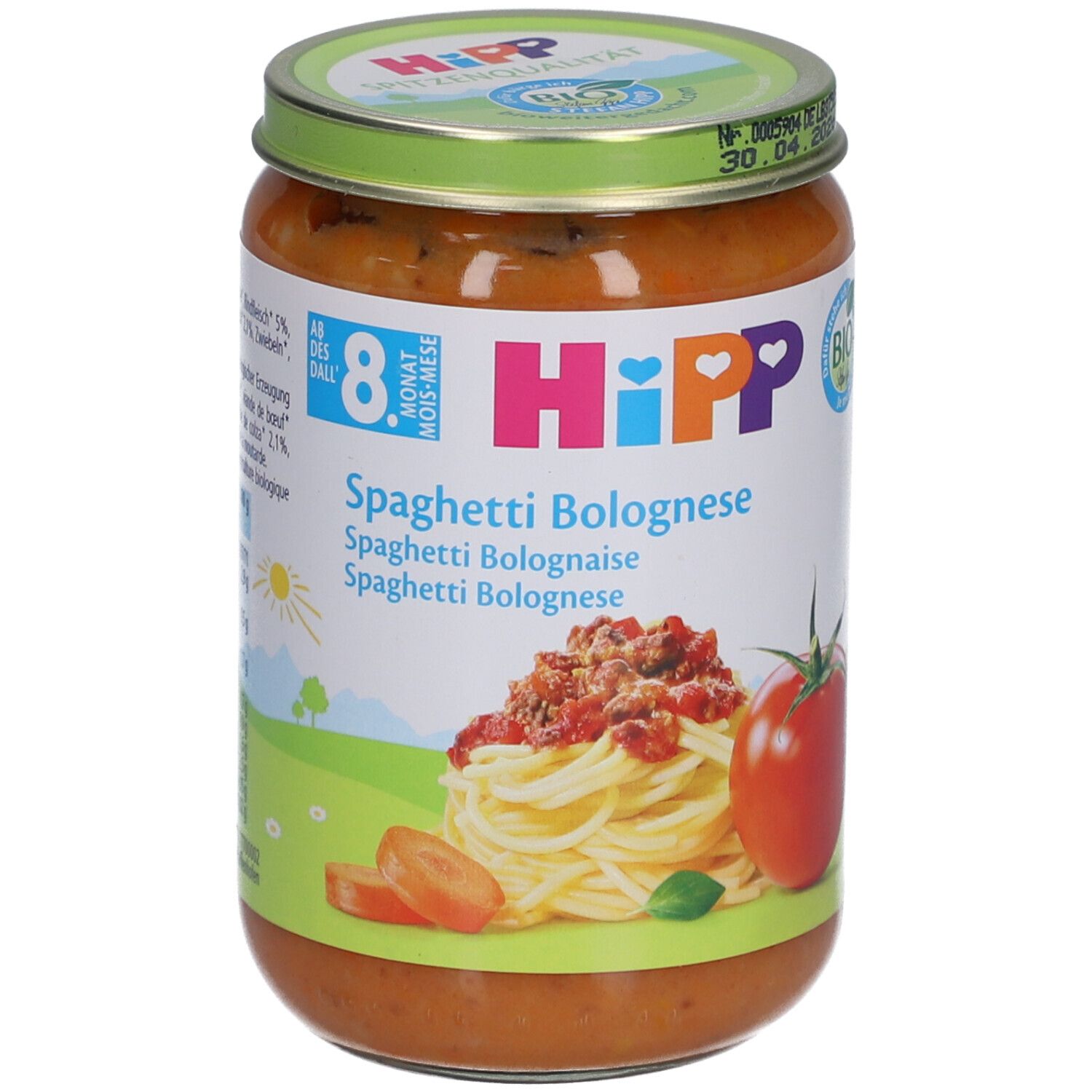 Glas mit Spaghetti Bolognese für Babys ab 8 Monaten. Etikett mit Logo, Produktname und Abbildung von Spaghetti und Tomate.