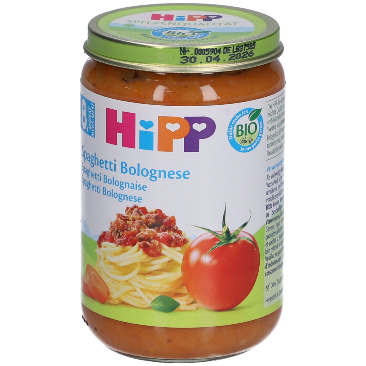 Glas mit Spaghetti Bolognese für Babys ab 8 Monaten. Etikett mit Logo, Produktname und Abbildung von Spaghetti und Tomate.