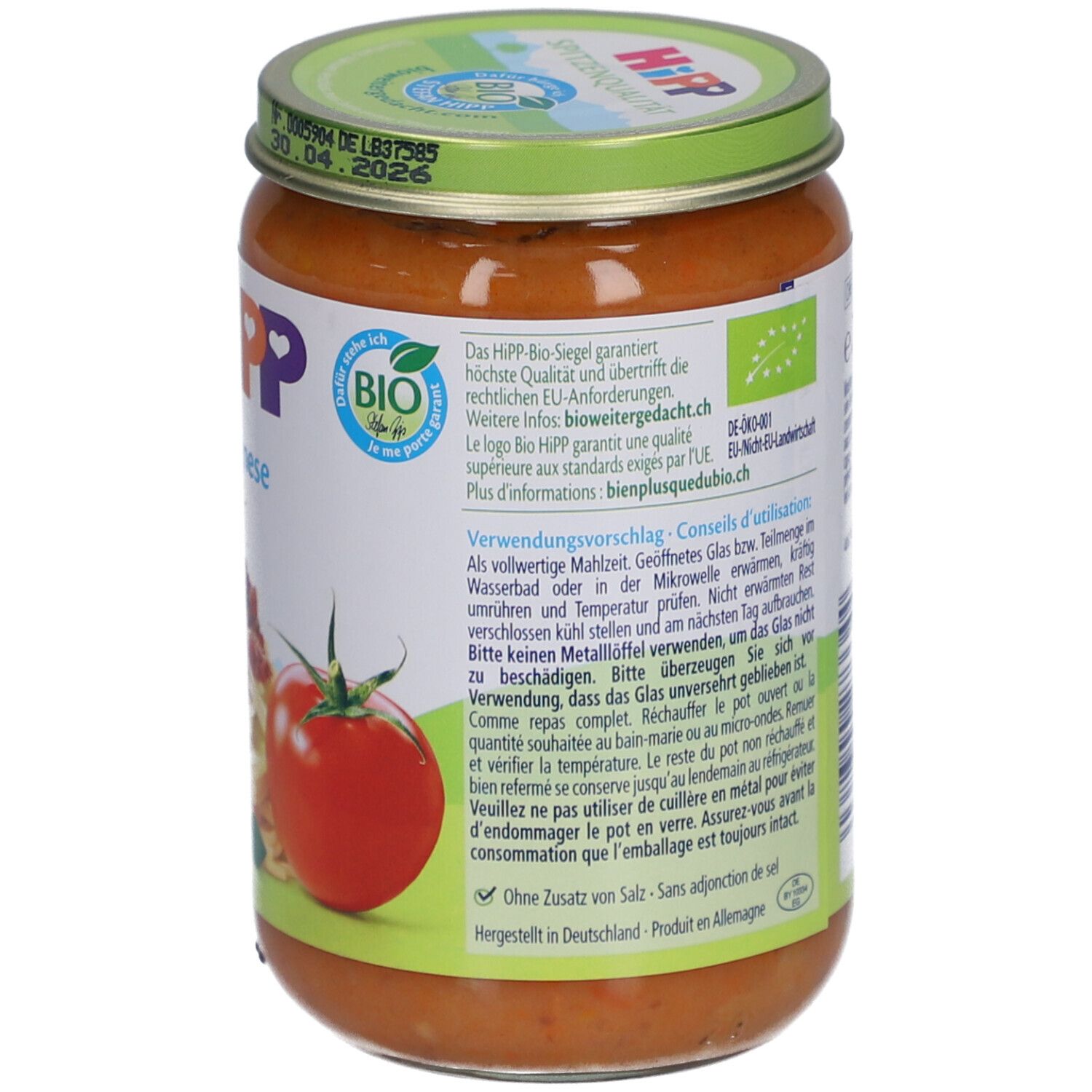 Rückseite des Glases mit Spaghetti Bolognese. Informationen zur Verwendung und Logo. Ohne Zusatz von Salz.