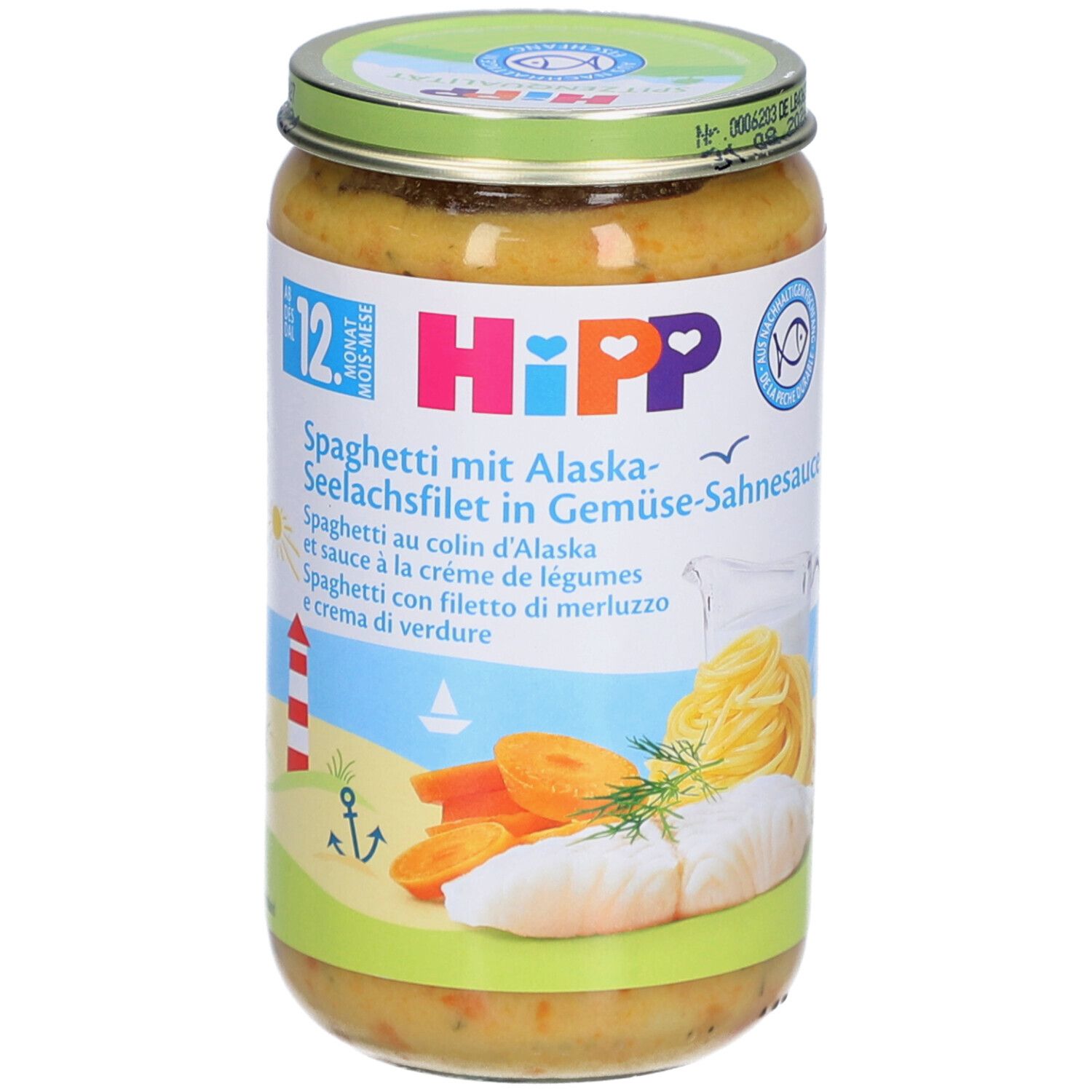 Glas mit HiPP Bio-Spaghetti mit Alaska-Seelachs & Gemüsecreme. Etikett mit Produktnamen, Illustrationen und 12+ Monat-Angabe.