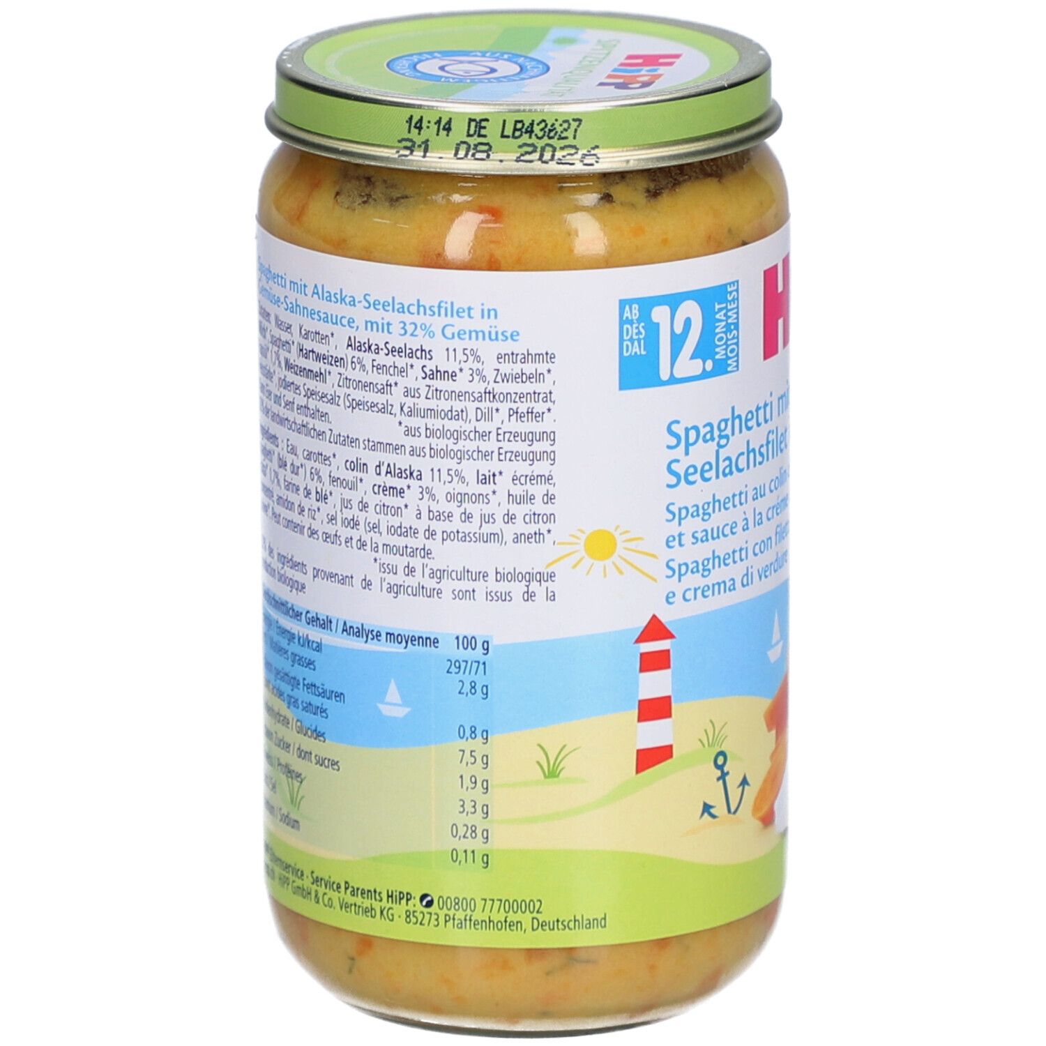 Glas HiPP Bio-Spaghetti mit Alaska-Seelachs & Gemüsecreme. Rückseite mit Nährwertangaben, Zutatenliste und Haltbarkeitsdatum.