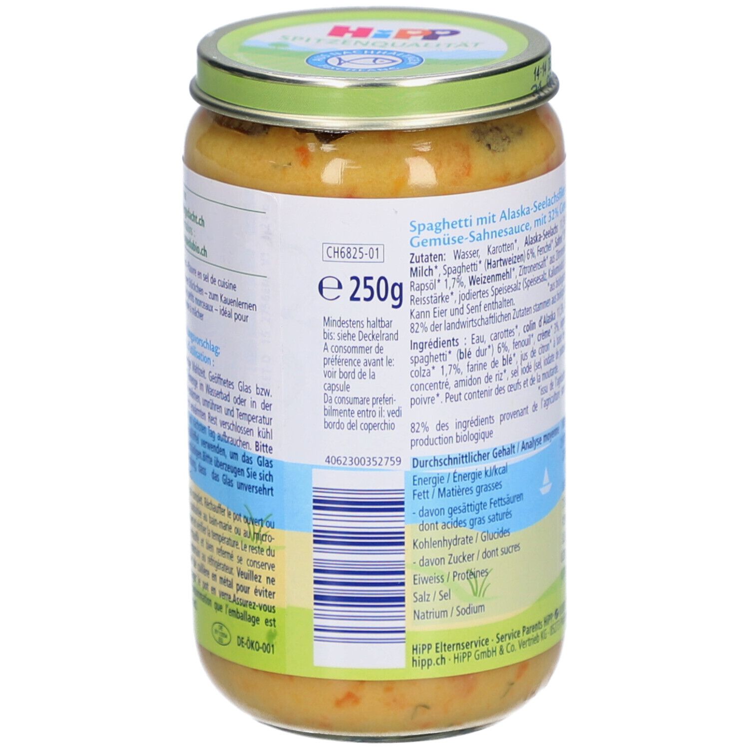 Glas HiPP Bio-Spaghetti mit Alaska-Seelachs & Gemüsecreme. Rückseite mit Nährwertangaben, Zutatenliste und Haltbarkeitsdatum.