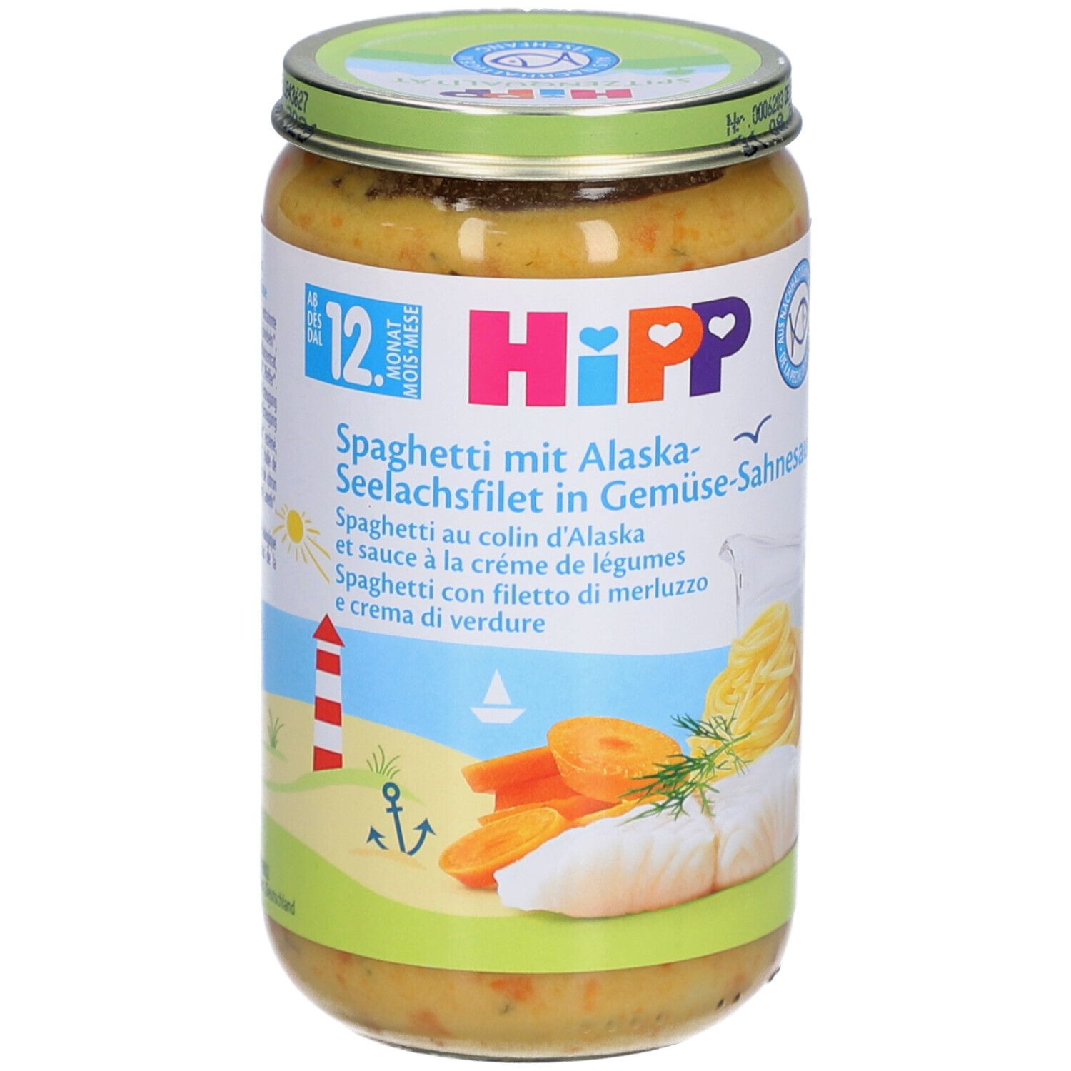 Glas mit HiPP Bio-Spaghetti mit Alaska-Seelachs & Gemüsecreme. Etikett mit Produktnamen, Illustrationen und 12+ Monat-Angabe.