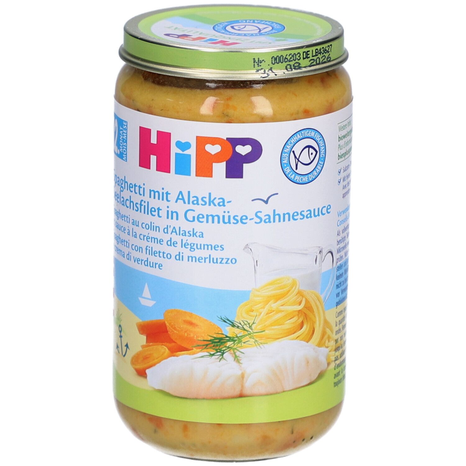 Glas mit HiPP Bio-Spaghetti mit Alaska-Seelachs & Gemüsecreme. Etikett mit Produktnamen, Illustrationen und 12+ Monat-Angabe.