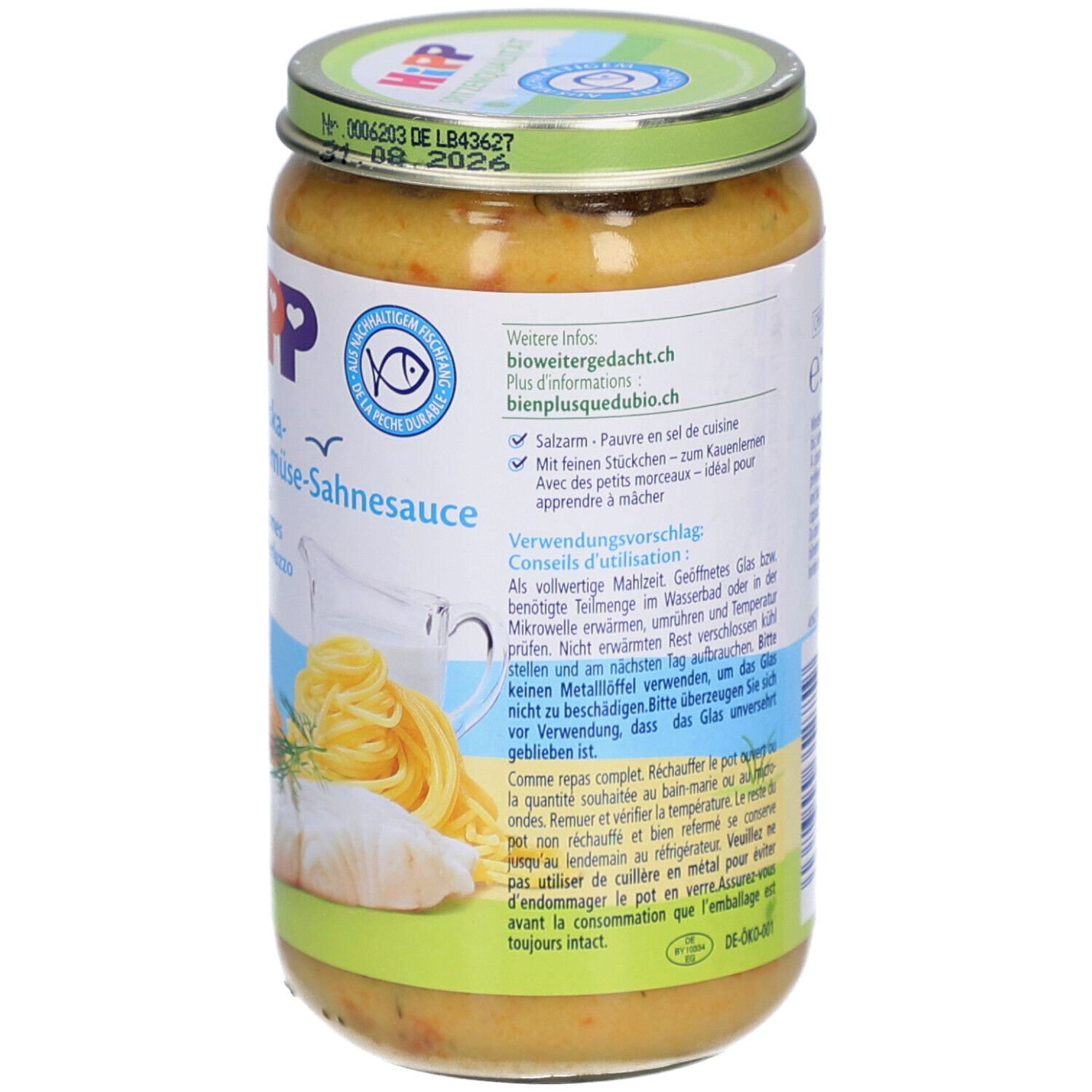 Glas HiPP Bio-Spaghetti mit Alaska-Seelachs & Gemüsecreme. Rückseite mit Informationen zur Verwendung und Haltbarkeit.