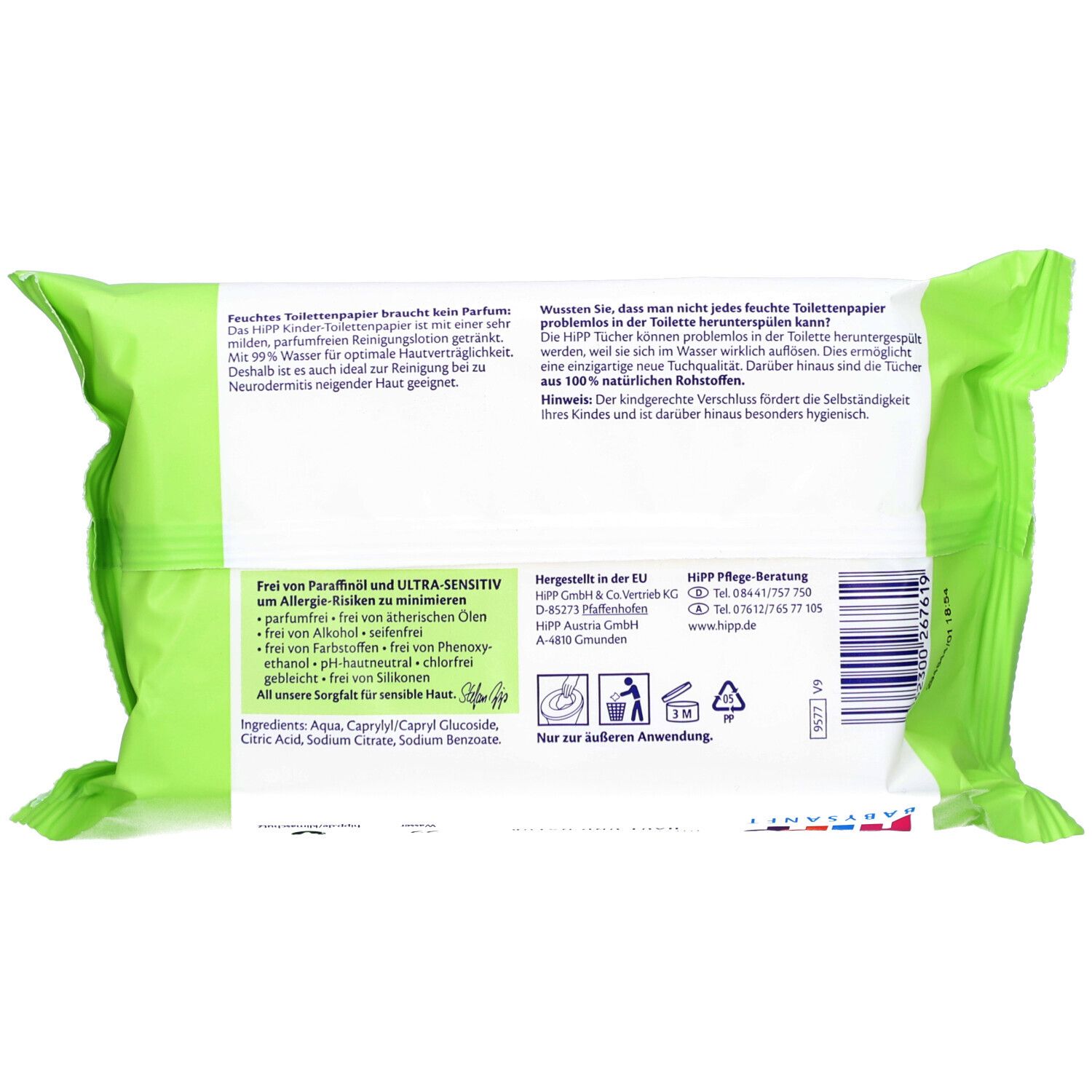 Rückseite der Packung Feuchtes Kindertoilettenpapier. Text: Inhaltsstoffe, Herstellerinformationen, Hinweise zur Entsorgung.