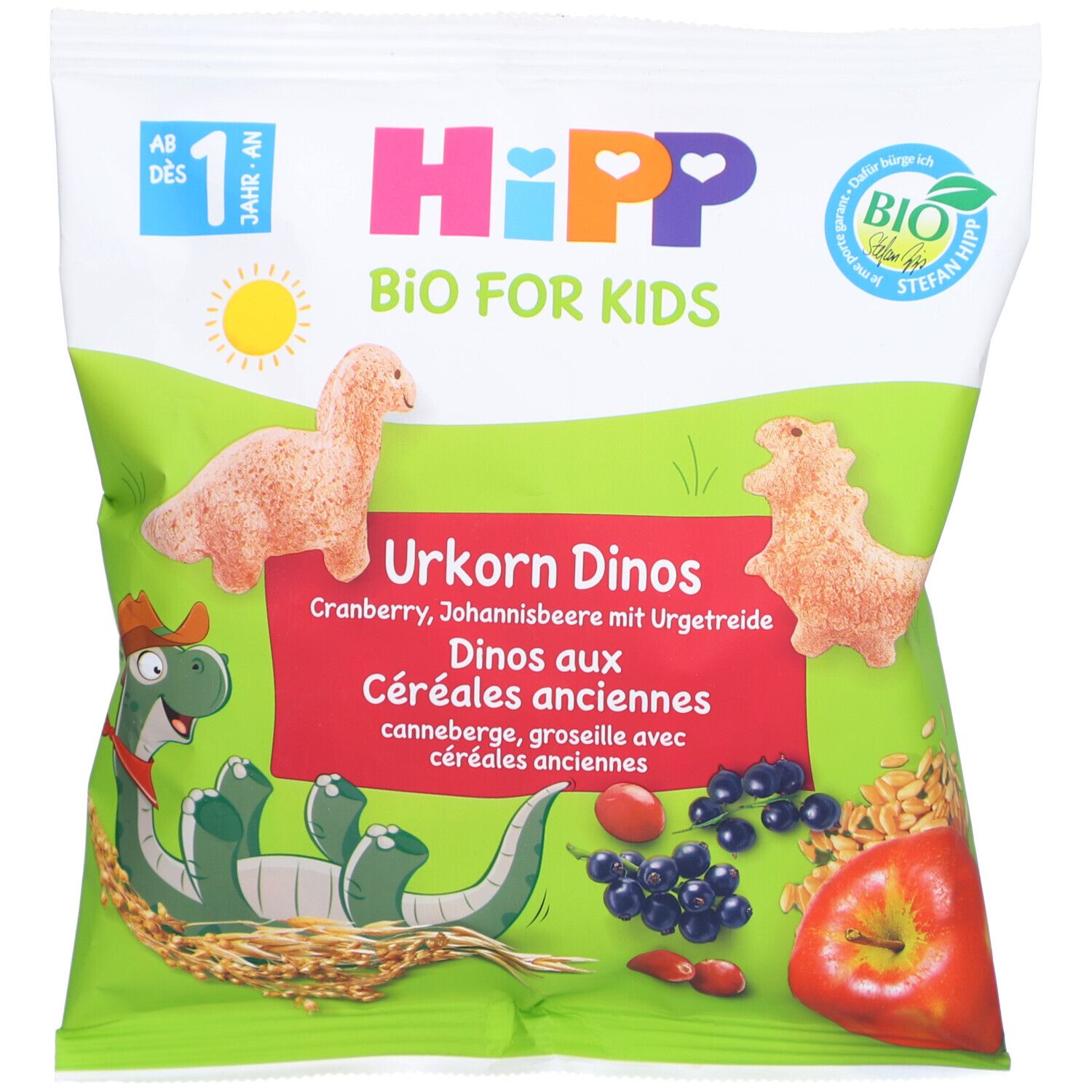 Verpackung mit Aufdruck. Produktname und Logo. Abbildung von Dinos. Bio-Siegel. Text: Urkorn Dinos, Cranberry, Johannisbeere.