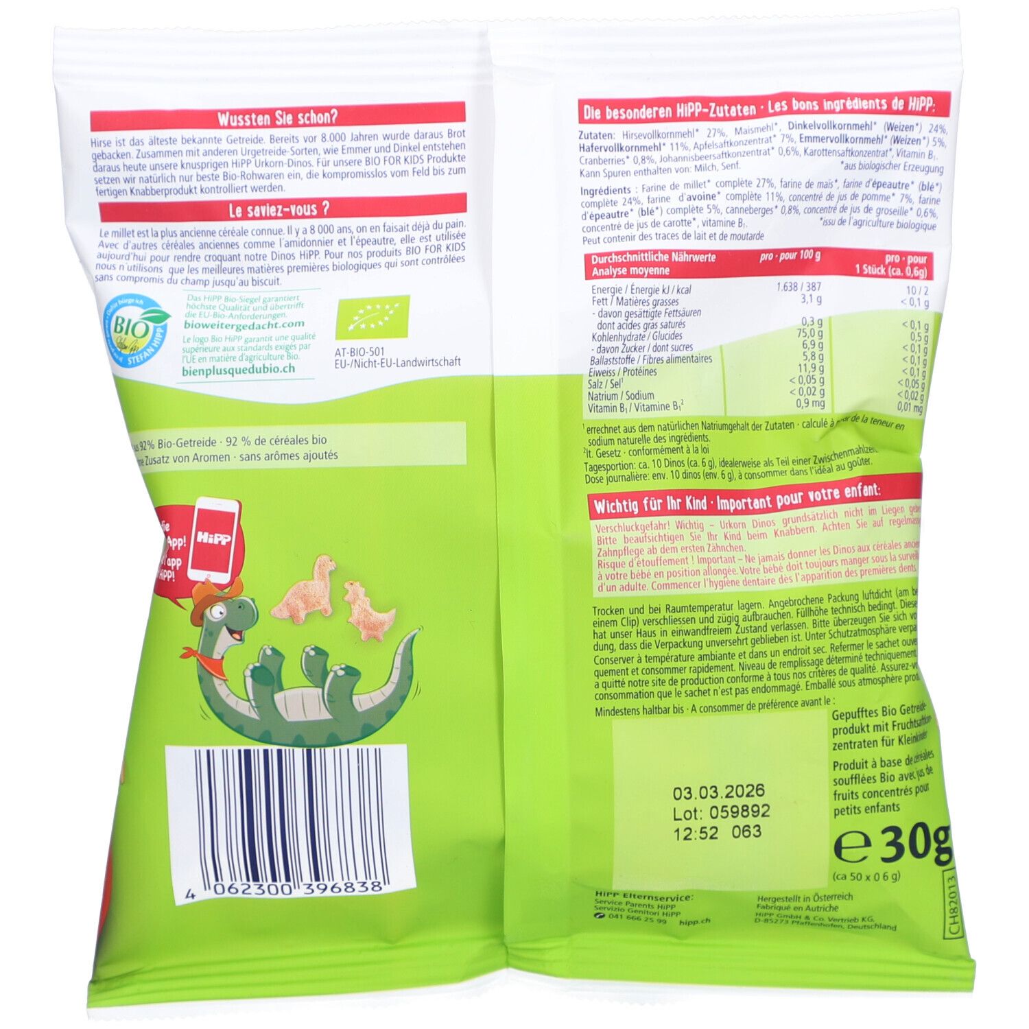 Rückseite der Verpackung. Text und Nährwertangaben. Bio-Siegel. Barcode. Gewicht: 30g. Mindesthaltbarkeitsdatum.