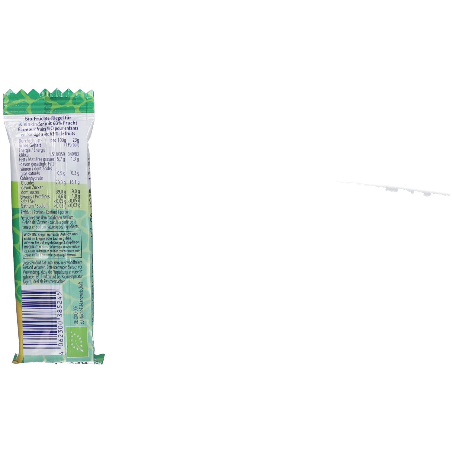 Rückseite der HiPP Früchte Freund Verpackung. Text und Nährwertangaben. Bio-Siegel. Grün-weißes Design.