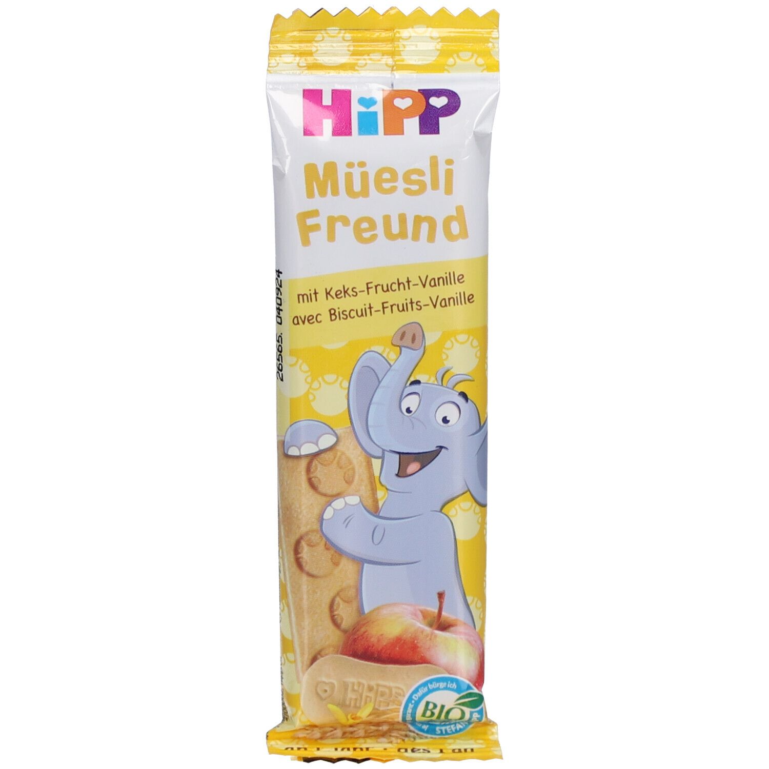 Verpackung mit HIPP Müesli Freund Keks. Gelb-weiß, mit Elefanten-Illustration und Apfel. Text: Biscuit-Fruits-Vanille, Bio.