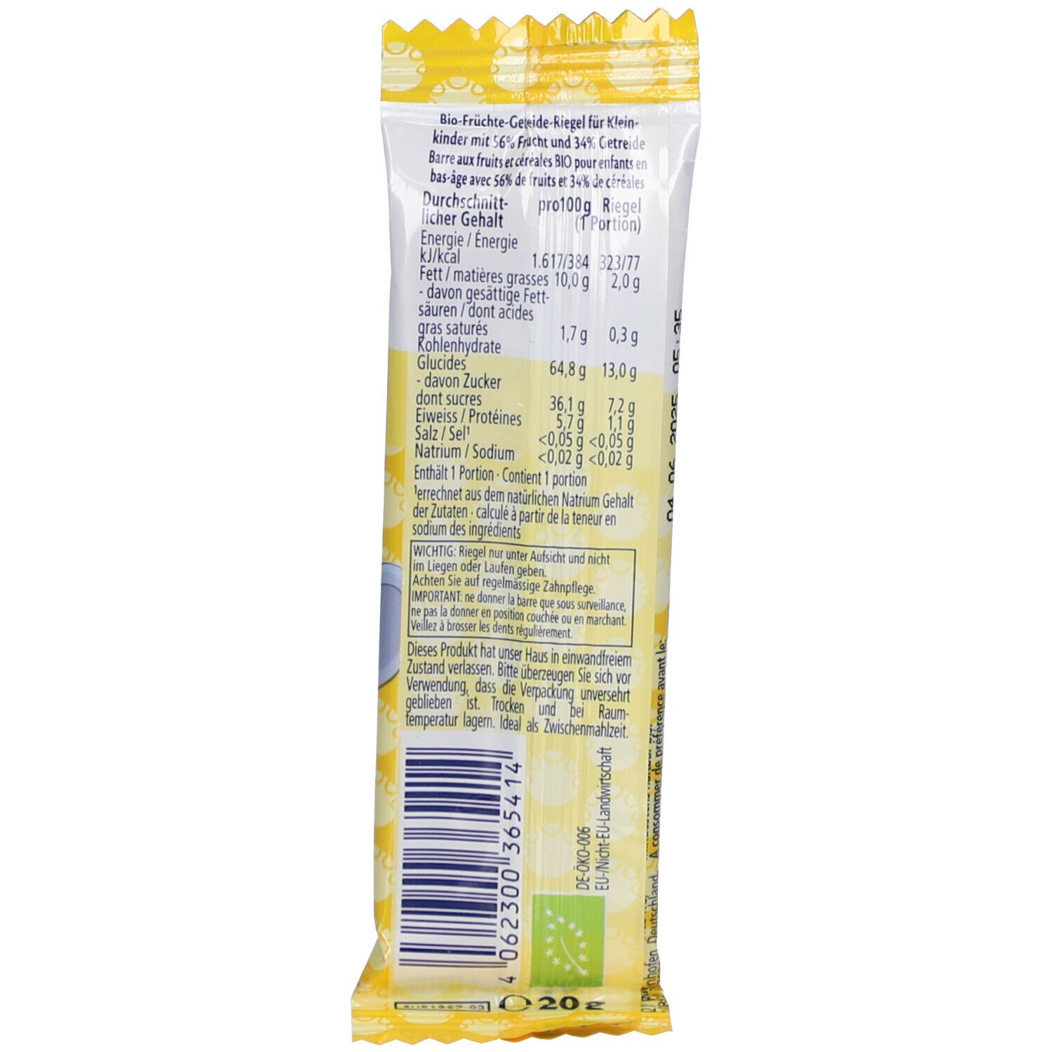 Rückseite der Müesli Freund Verpackung. Gelber Hintergrund mit Text und Nährwertangaben. Bio-Siegel unten rechts.