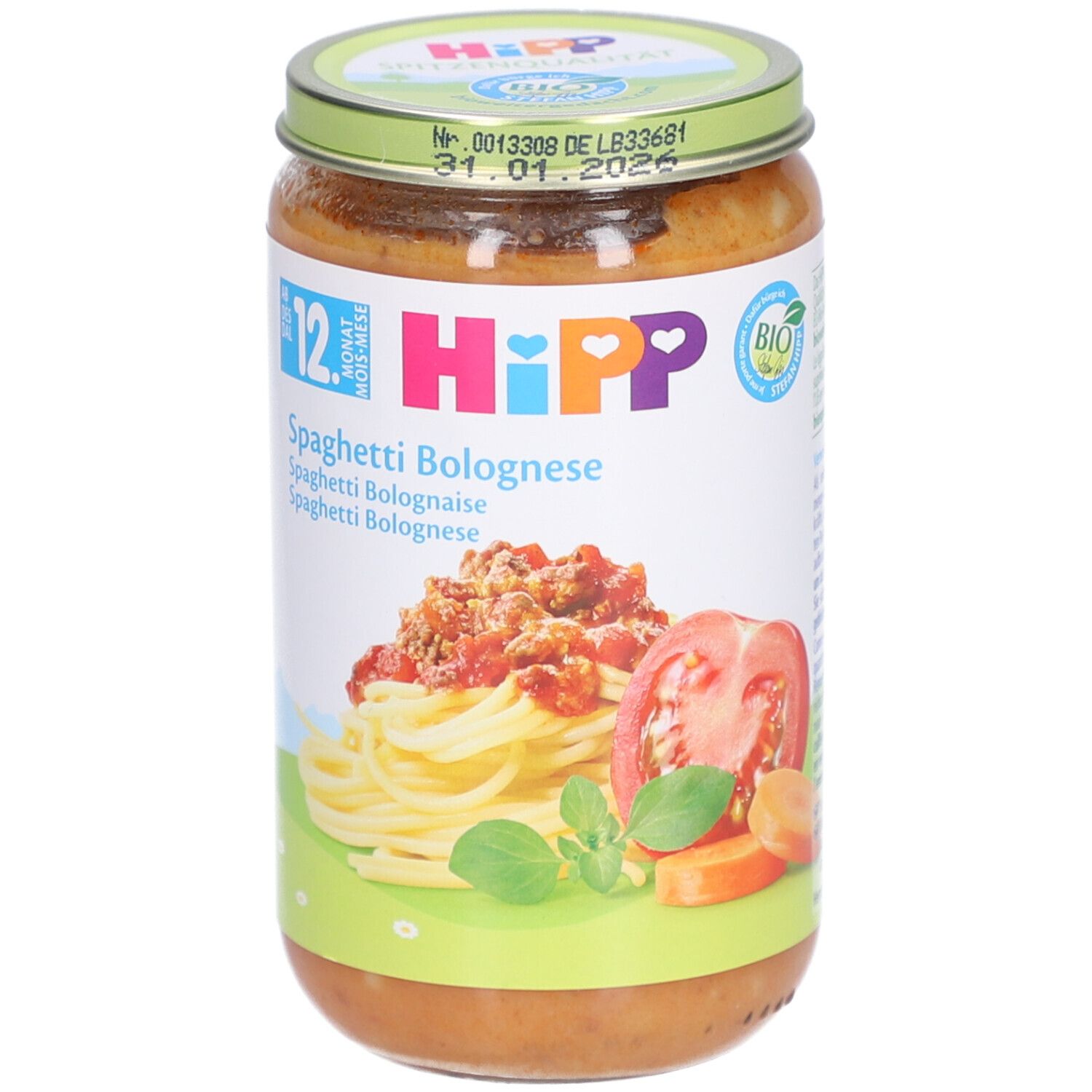 Glas mit HIPP Spaghetti Bolognese für Babys ab 12 Monaten. Aufdruck mit Tomaten, Karotten und Nudeln.