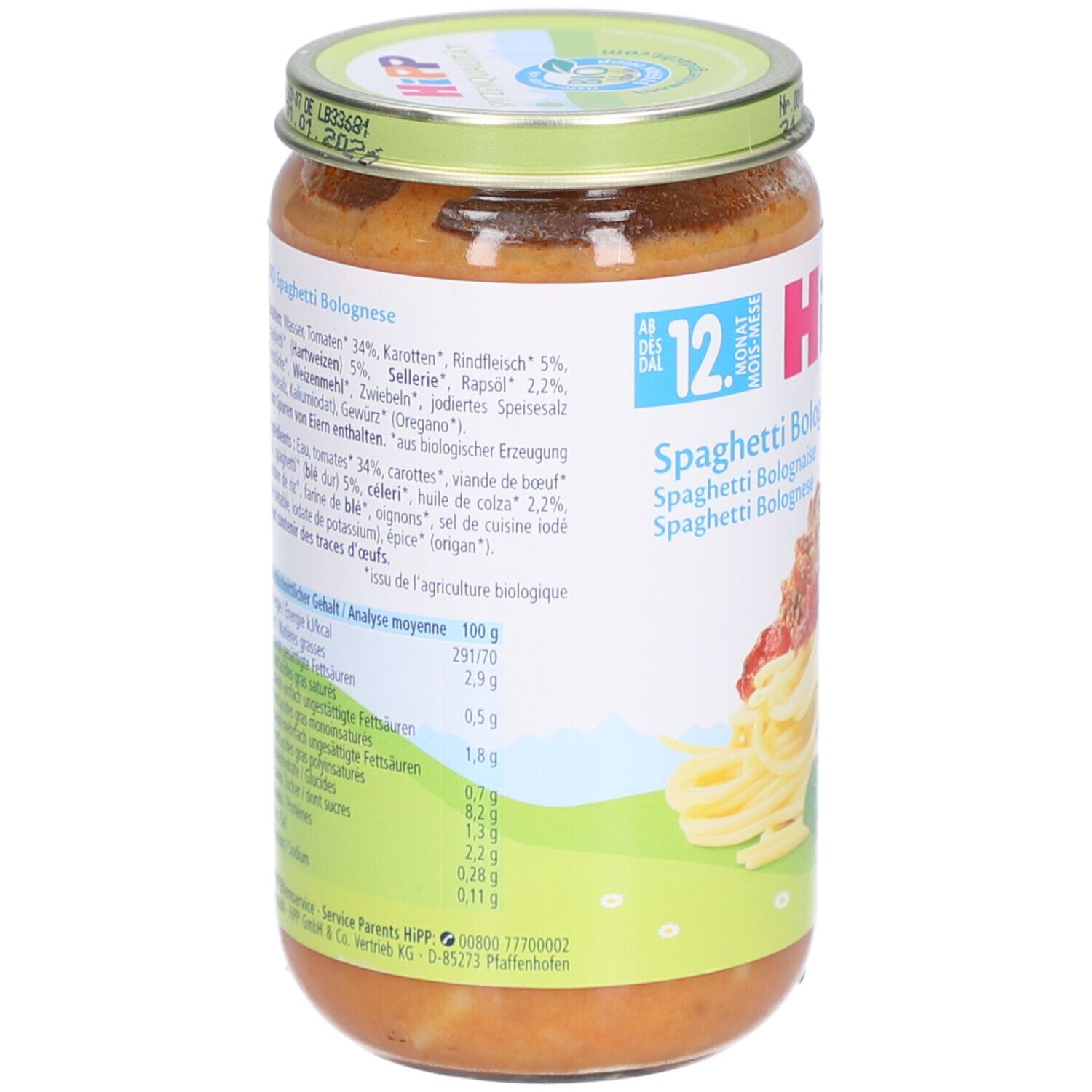 Rückseite des Glases mit Zutatenliste und Nährwertangaben. HIPP Spaghetti Bolognese für Babys ab 12 Monaten.