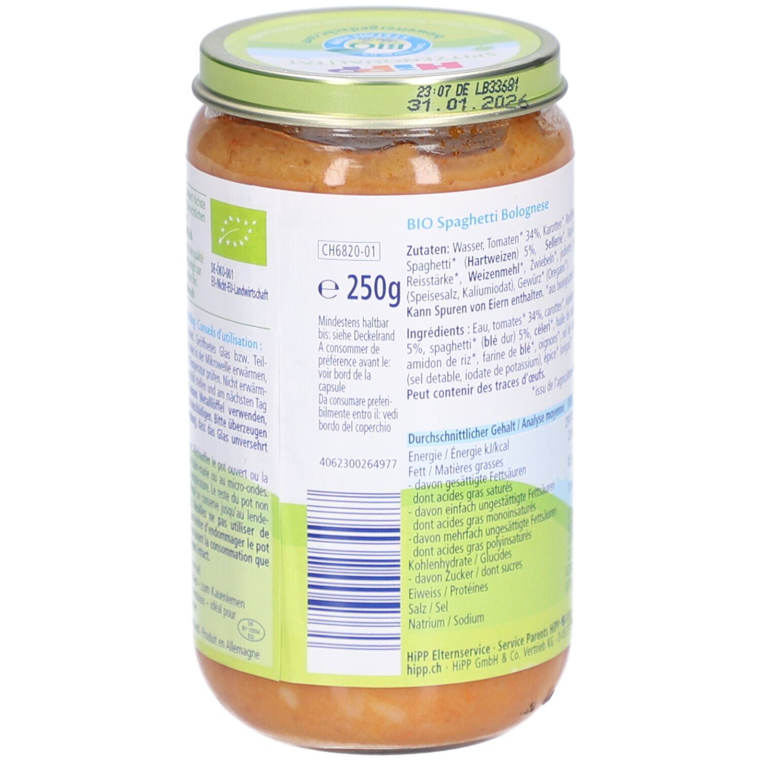 Rückseite des Glases mit Zutatenliste und Nährwertangaben. HIPP Spaghetti Bolognese für Babys ab 12 Monaten.