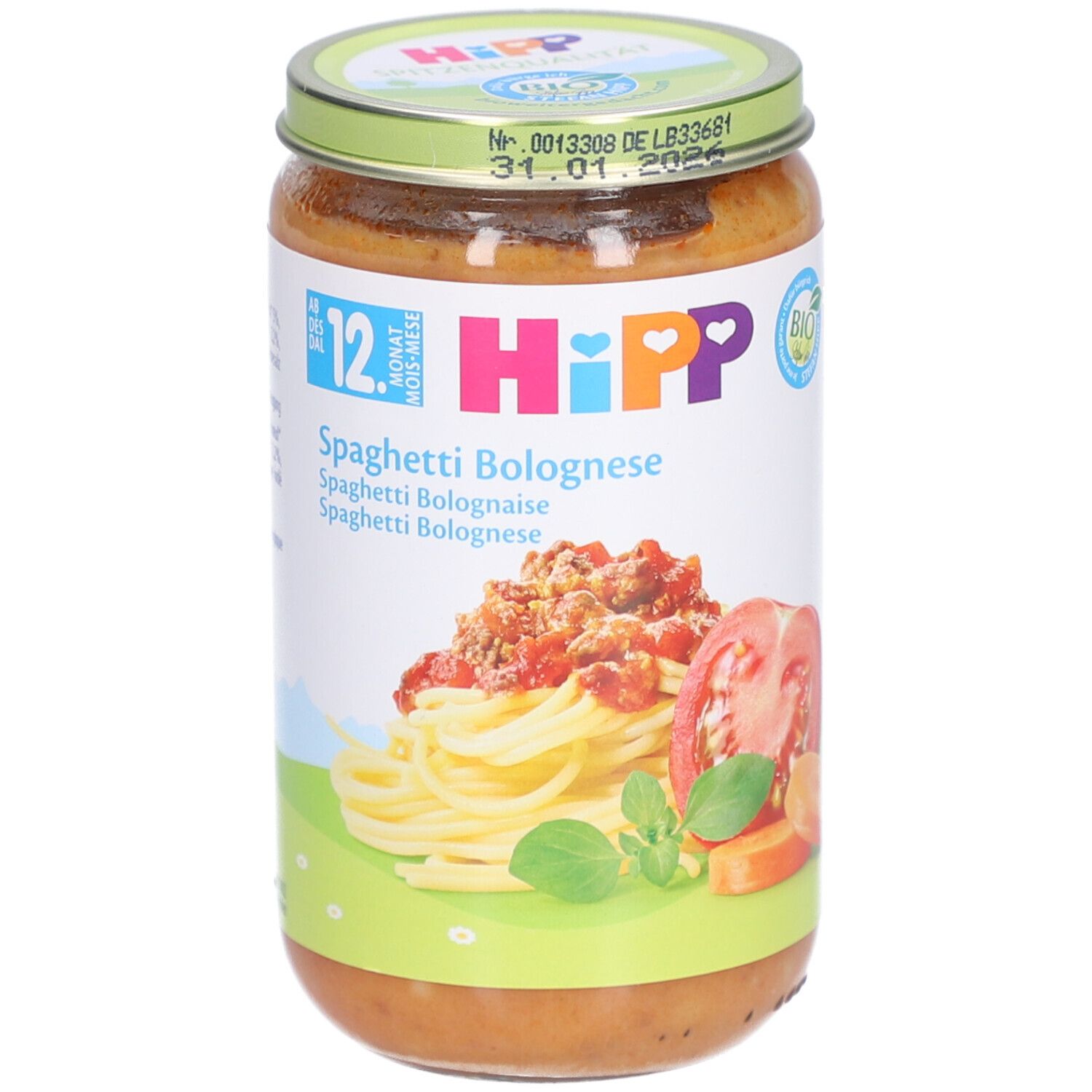 Glas mit HIPP Spaghetti Bolognese für Babys ab 12 Monaten. Aufdruck mit Tomaten, Karotten und Nudeln.