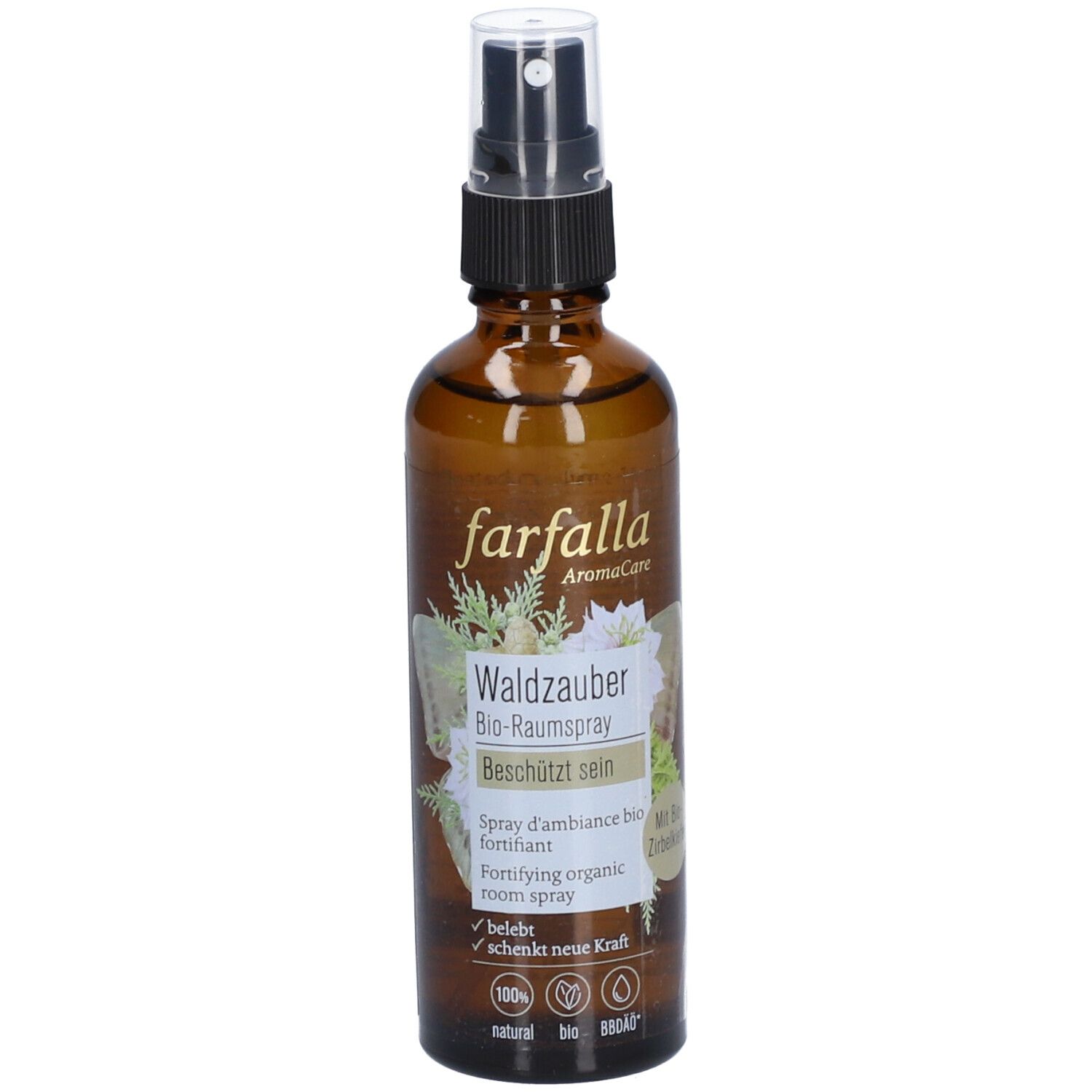 Braune Glasflasche mit Sprühkopf. Aufschrift: farfalla AromaCare, Waldzauber Bio-Raumspray, 100% natural, Bio-Siegel.
