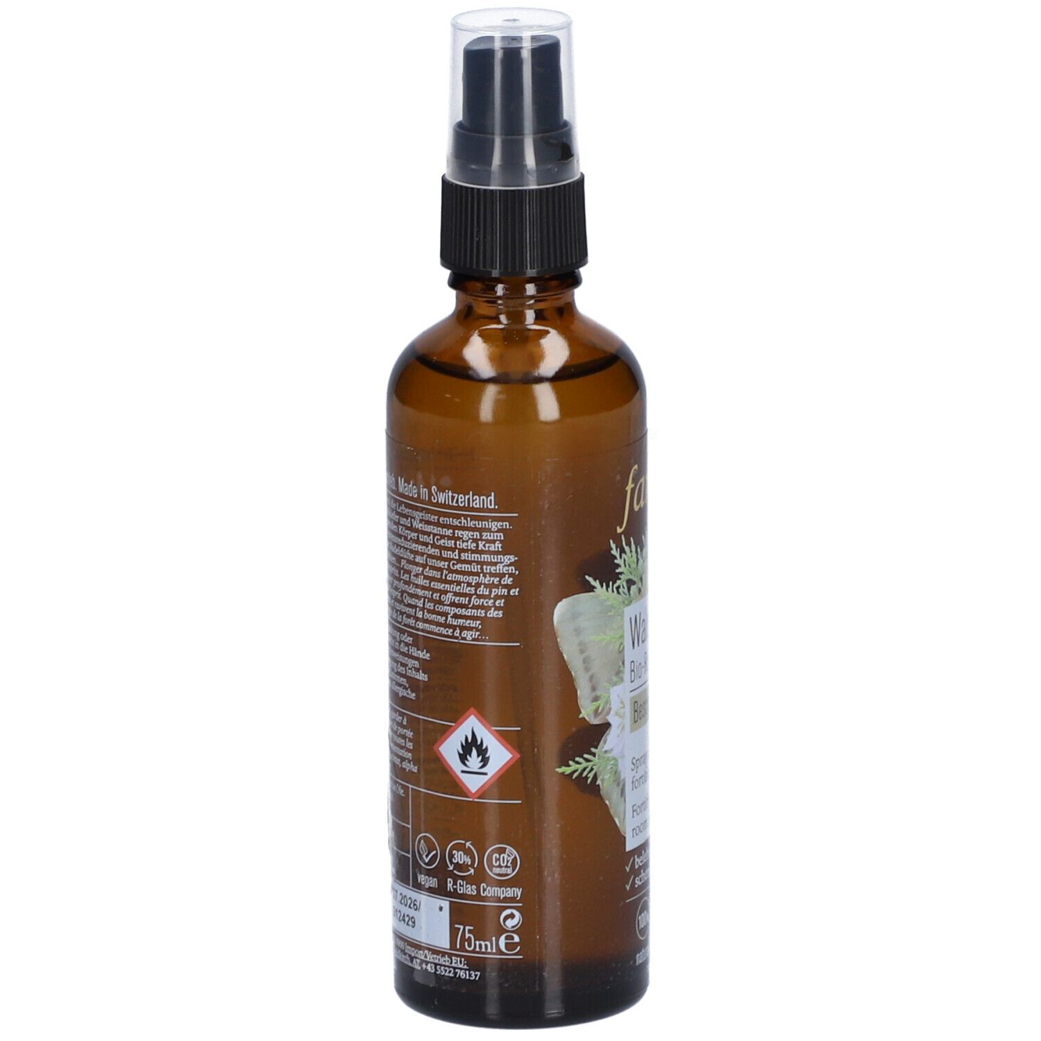 Braune Glasflasche mit Sprühkopf. Aufschrift: farfalla, Made in Switzerland, 75ml. Warnhinweis: Entzündlich.
