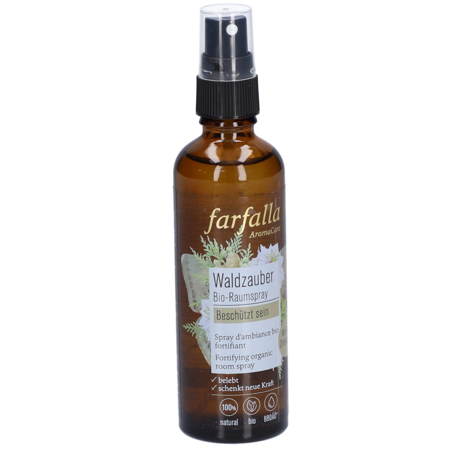 Braune Glasflasche mit Sprühkopf. Aufschrift: farfalla AromaCare, Waldzauber Bio-Raumspray, Bio-Siegel.