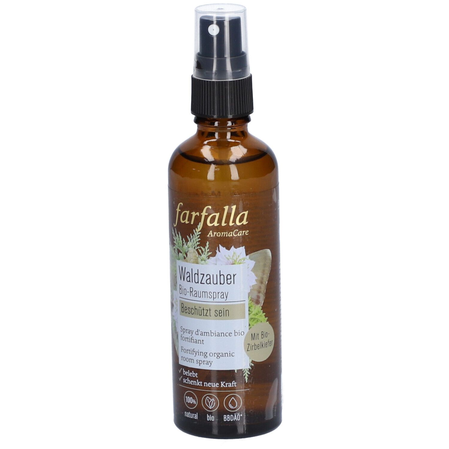 Braune Glasflasche mit Sprühkopf. Aufschrift: farfalla AromaCare, Waldzauber Bio-Raumspray, Mit Bio-Zirbelkiefer.