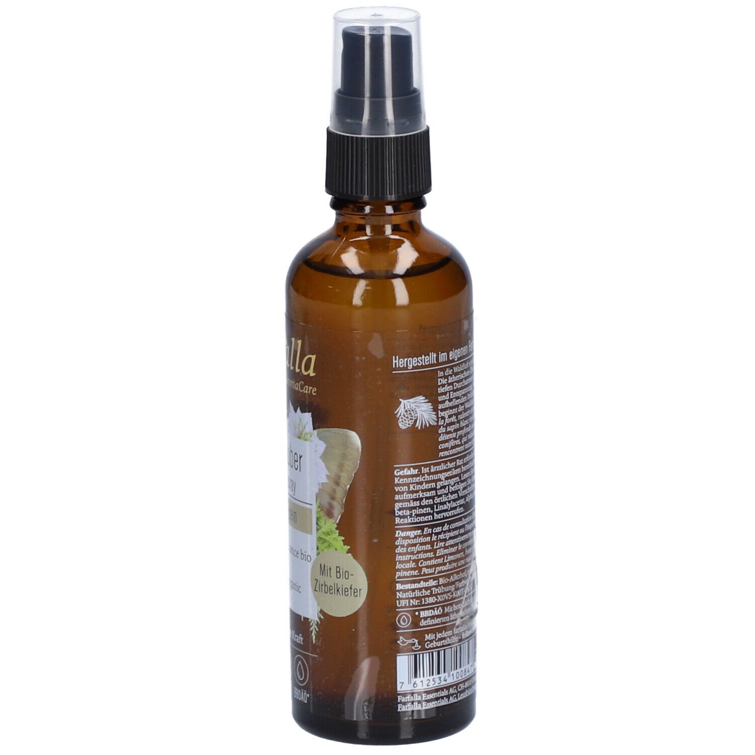Braune Glasflasche mit Sprühkopf. Aufschrift: farfalla AromaCare, Waldzauber Bio-Raumspray, Mit Bio-Zirbelkiefer.