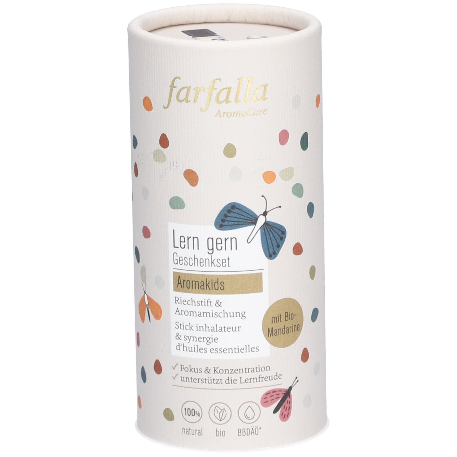 Zylindrische Verpackung mit farfalla Aromakids-Produkt. Aufschrift: Lern gern Geschenkset, Aromakids, Stick inhalateur. Mit Bio-Mandarine.