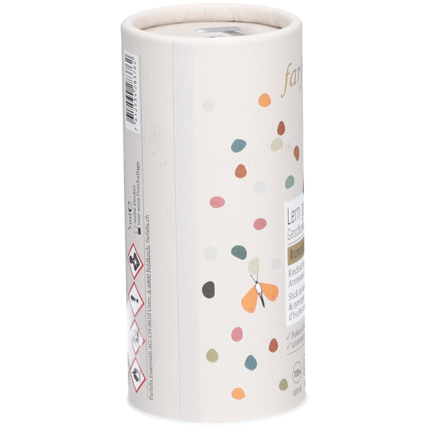 Zylindrische Verpackung, farfalla Aromakids. Aufschrift: Lern gern Geschenkset, Aromakids, Stick inhalateur. Mit Bio-Mandarine. Bunte Punkte.