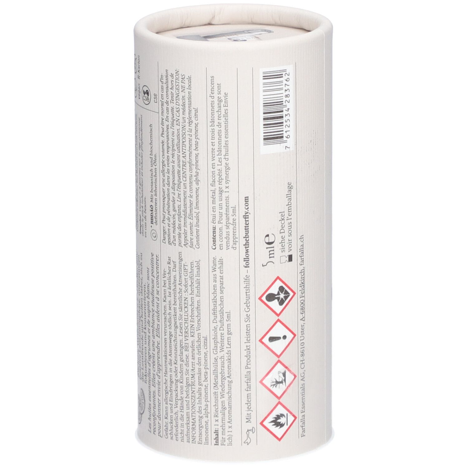 Zylindrische Verpackung, Rückseite. Text: 5 ml, Gefahrenhinweise, Inhaltsstoffe, Herstellerinformationen, Warnhinweise. Logos und Piktogramme.