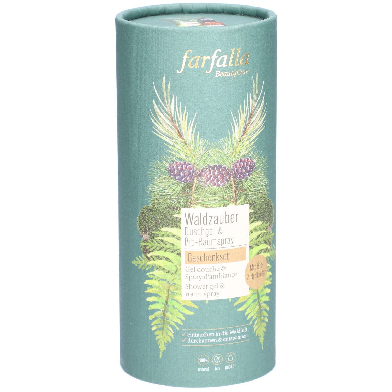 Zylindrische Geschenkverpackung mit Produktnamen und botanischen Illustrationen. Schriftzug: farfalla BeautyCare, Waldzauber Duschgel & Bio-Raumspray.