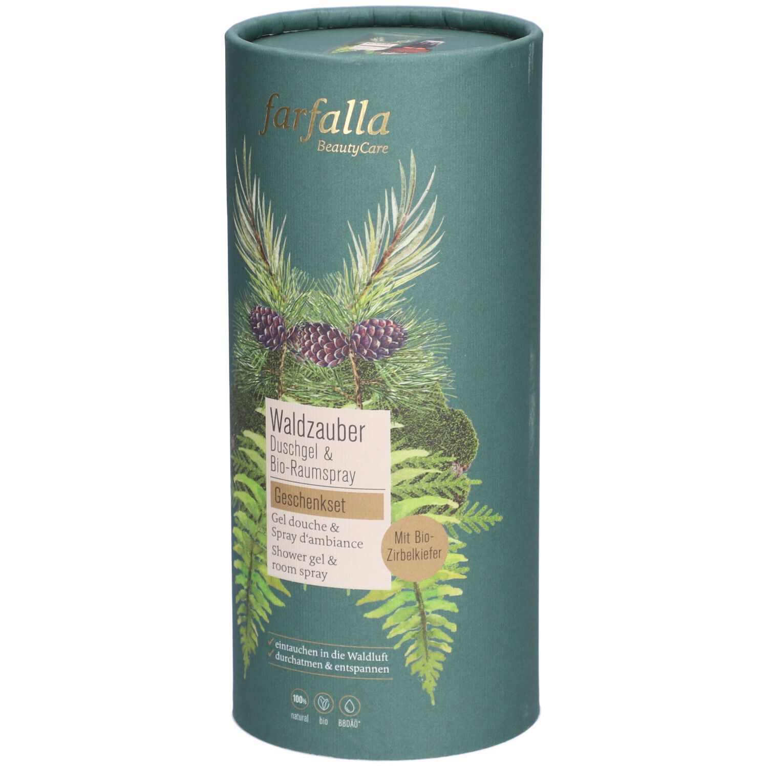 Zylindrische Geschenkverpackung mit Produktnamen und botanischen Illustrationen. Schriftzug: farfalla BeautyCare, Waldzauber Duschgel & Bio-Raumspray.