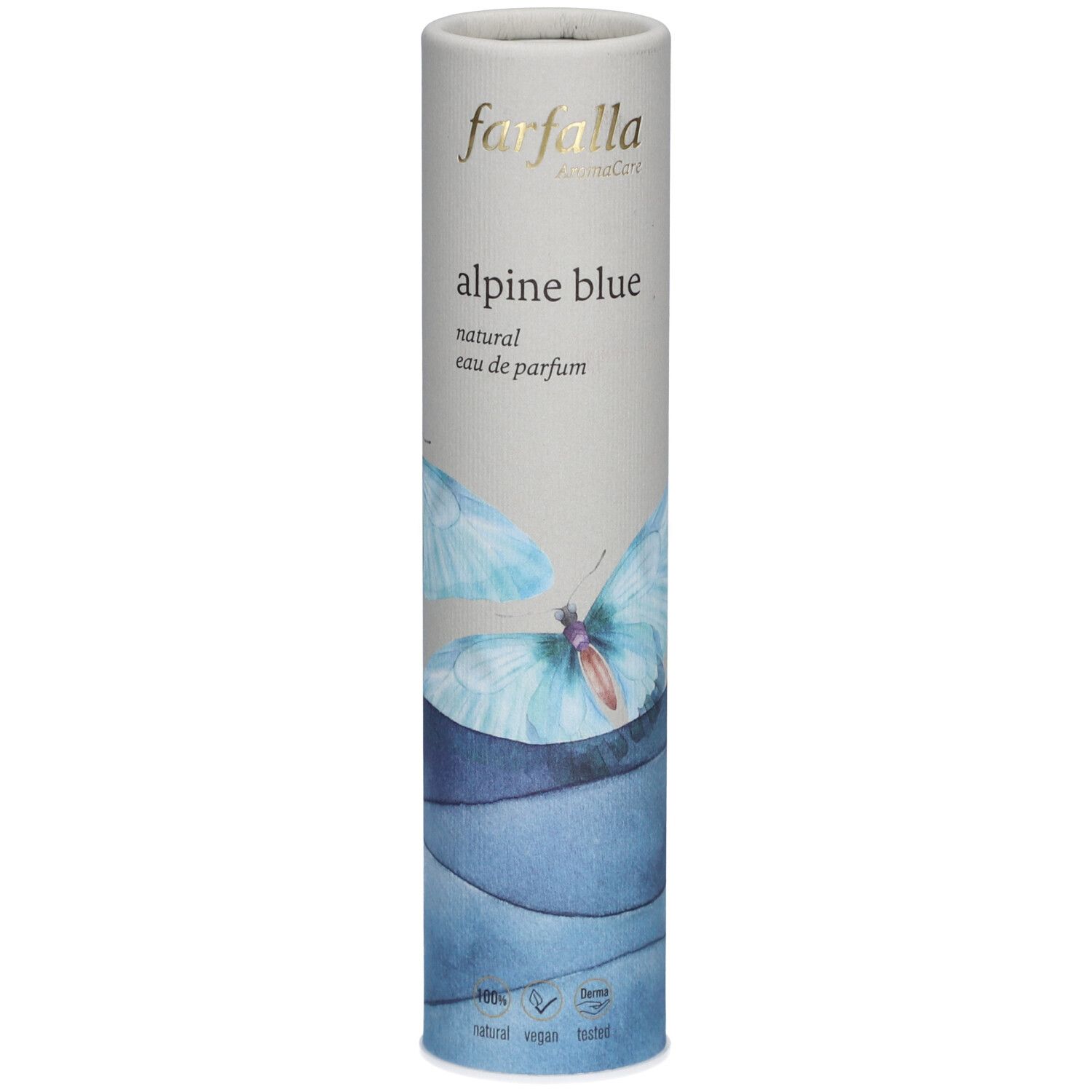 Cilindrische verpakking van Farfalla Alpine Blue Eau de Parfum. Lichtgrijs met blauw vlindermotief en productnaam.