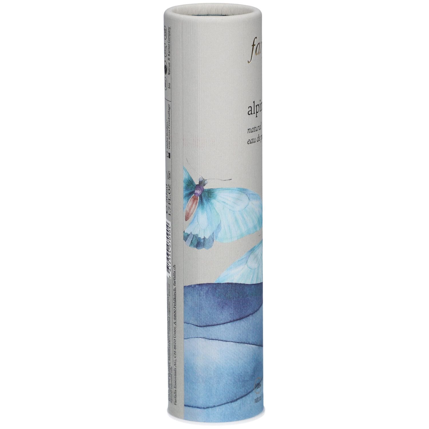 Cilindrische verpakking van Farfalla Alpine Blue Eau de Parfum. Zijaanzicht met tekst en vlindermotief.