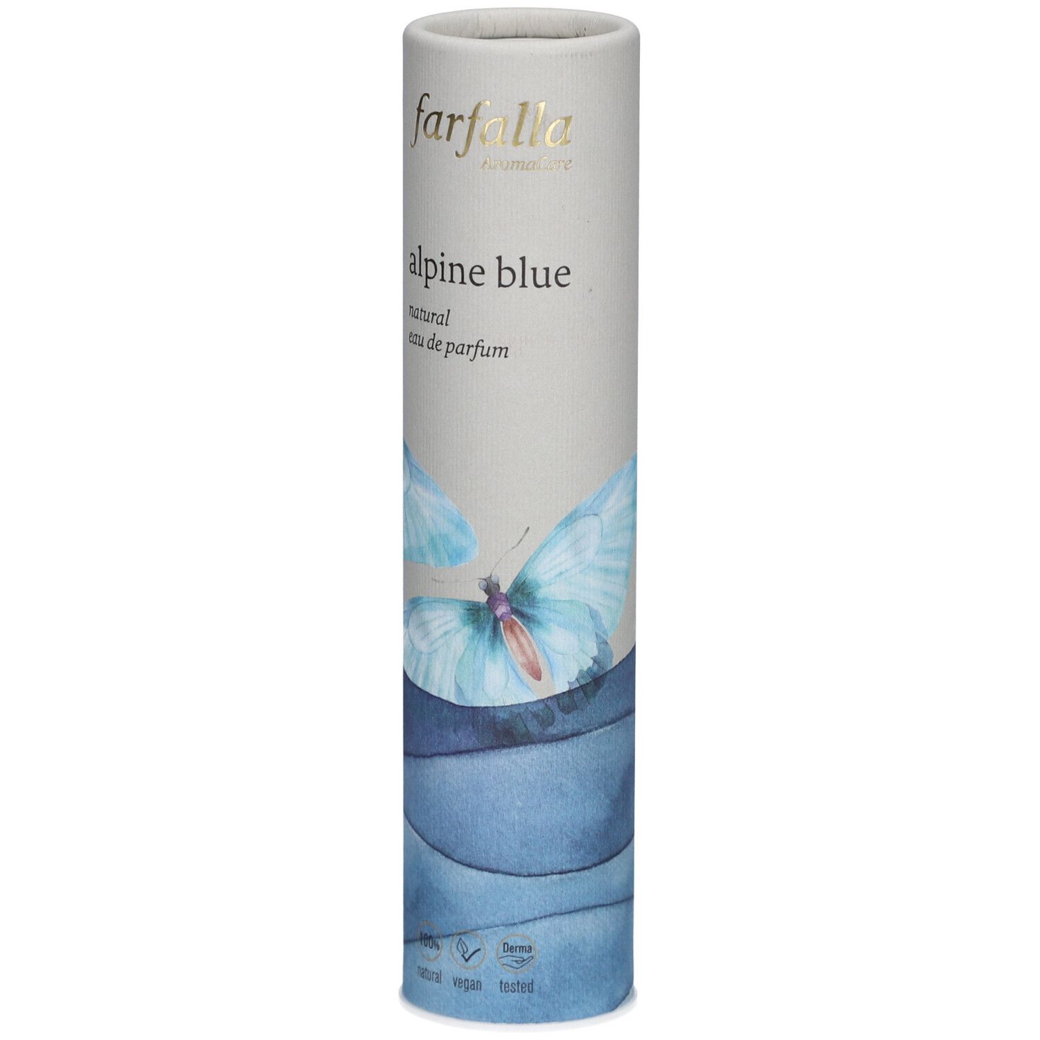 Cilindrische verpakking van Farfalla Alpine Blue Eau de Parfum. Lichtgrijs met blauw vlindermotief en productnaam.