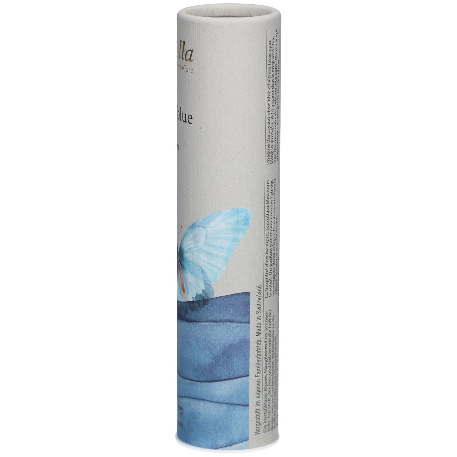 Cilindrische verpakking van Farfalla Alpine Blue Eau de Parfum. Zijaanzicht met tekst en vlindermotief.