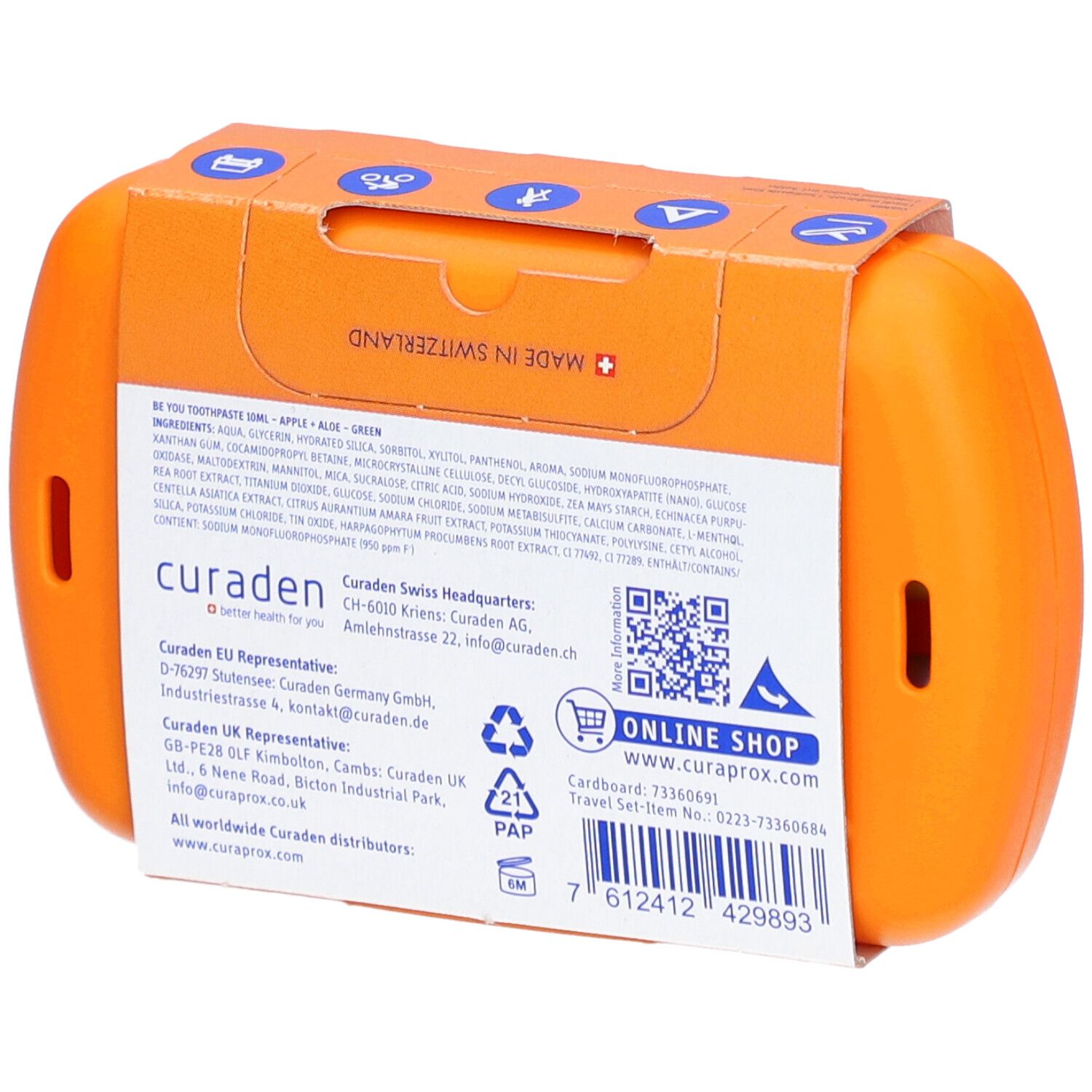 Rückseite des orangefarbenen CURAPROX Travel Sets. Text mit Inhaltsstoffen, Herstellerinformationen und QR-Code.