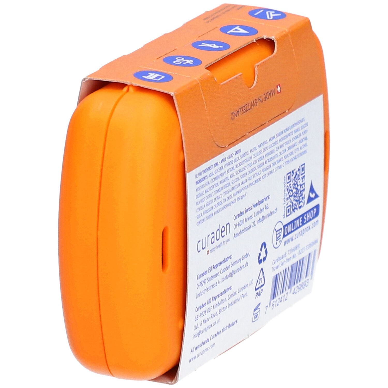 Rückansicht des orangefarbenen CURAPROX Travel Sets. Text mit Inhaltsstoffen und Herstellerinformationen.