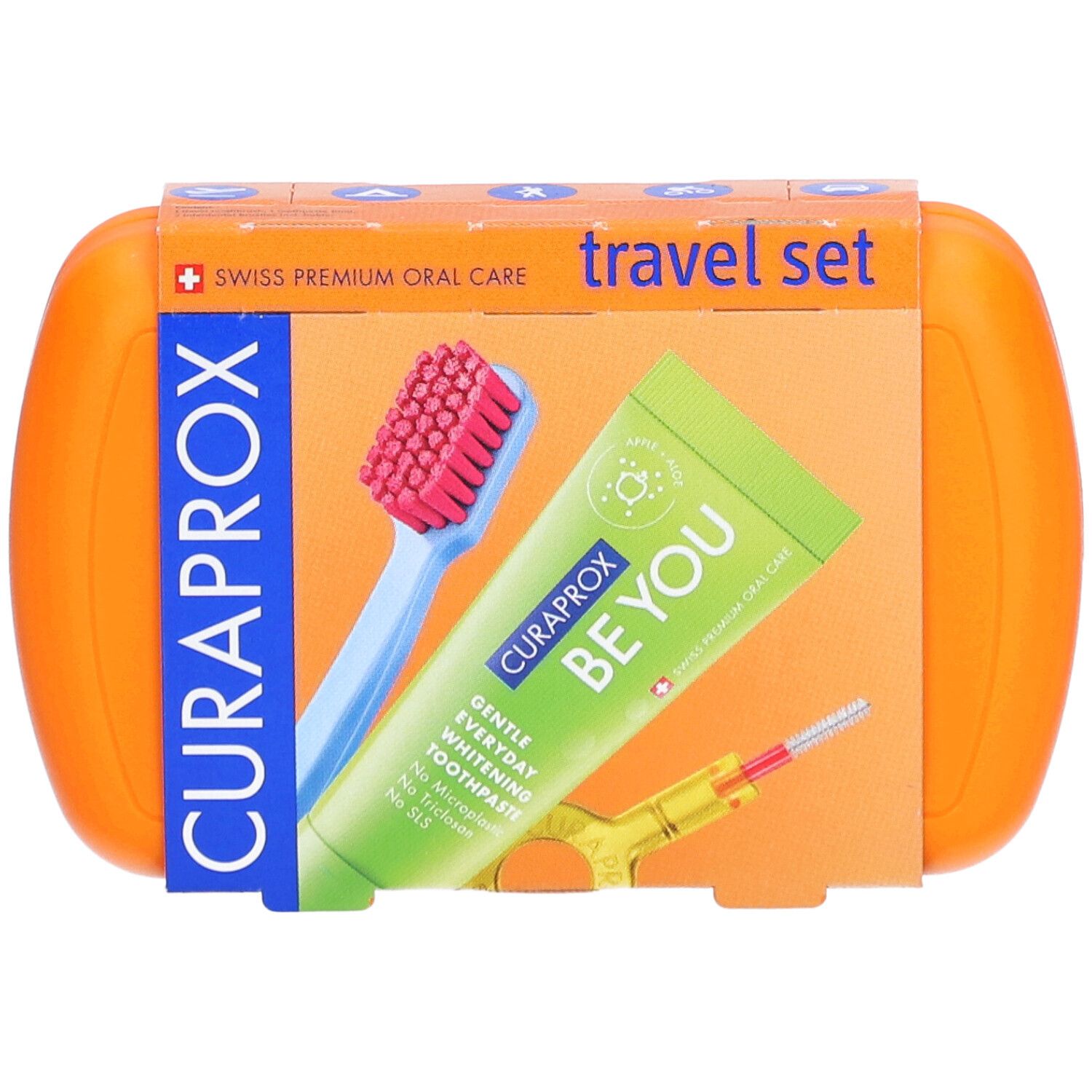 Orangefarbenes CURAPROX Travel Set mit Zahnbürste, Zahnpasta und Interdentalbürste. Verpackung mit Schriftzug.