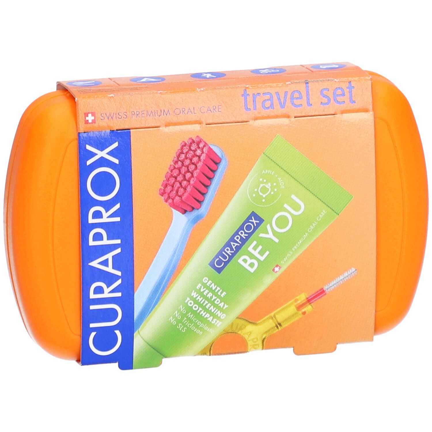 Orangefarbenes CURAPROX Travel Set mit Zahnbürste, Zahnpasta und Interdentalbürste. Verpackung mit Schriftzug.