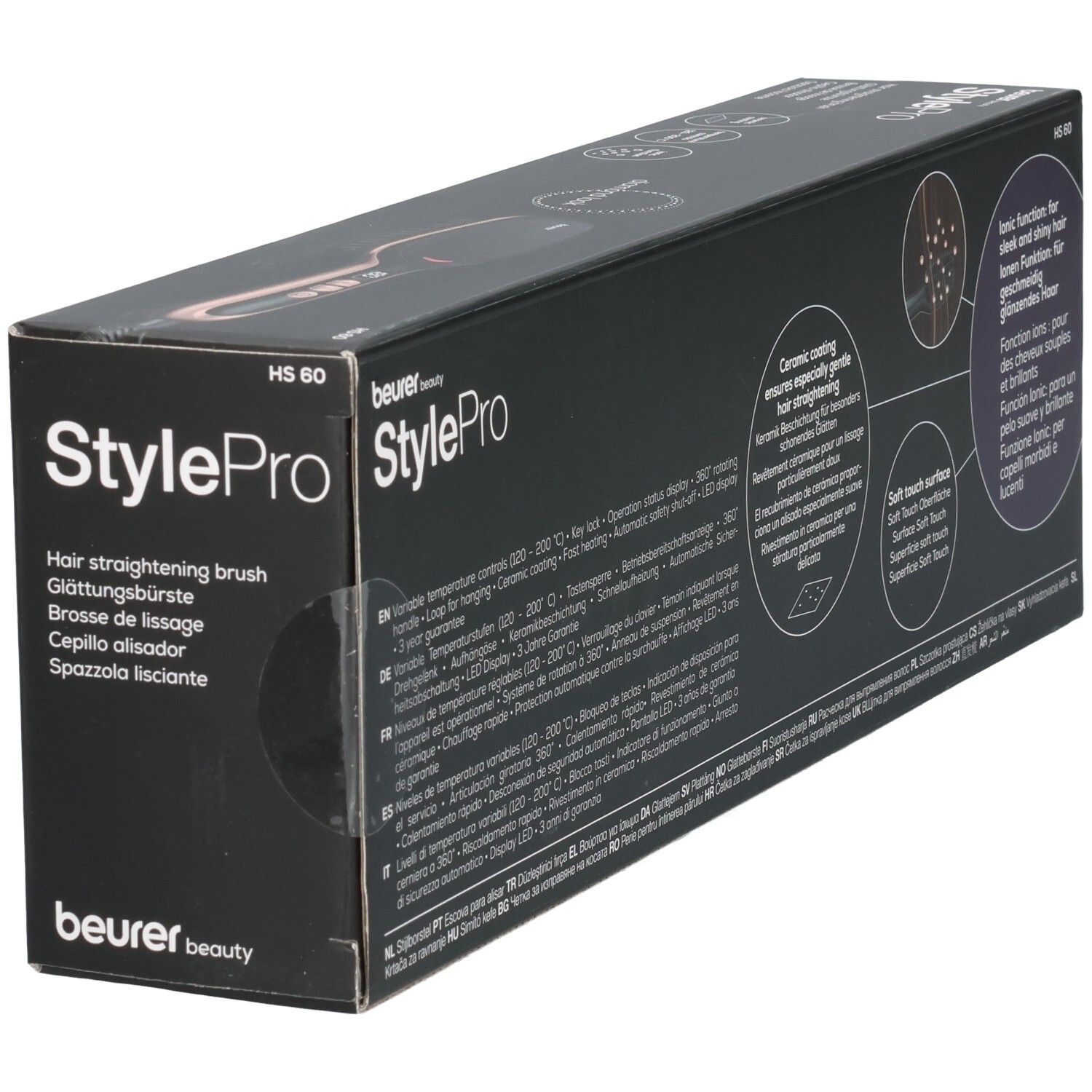 Verpackung für eine Haarglättungsbürste von Beurer StylePro HS 60 mit Keramikbeschichtung.