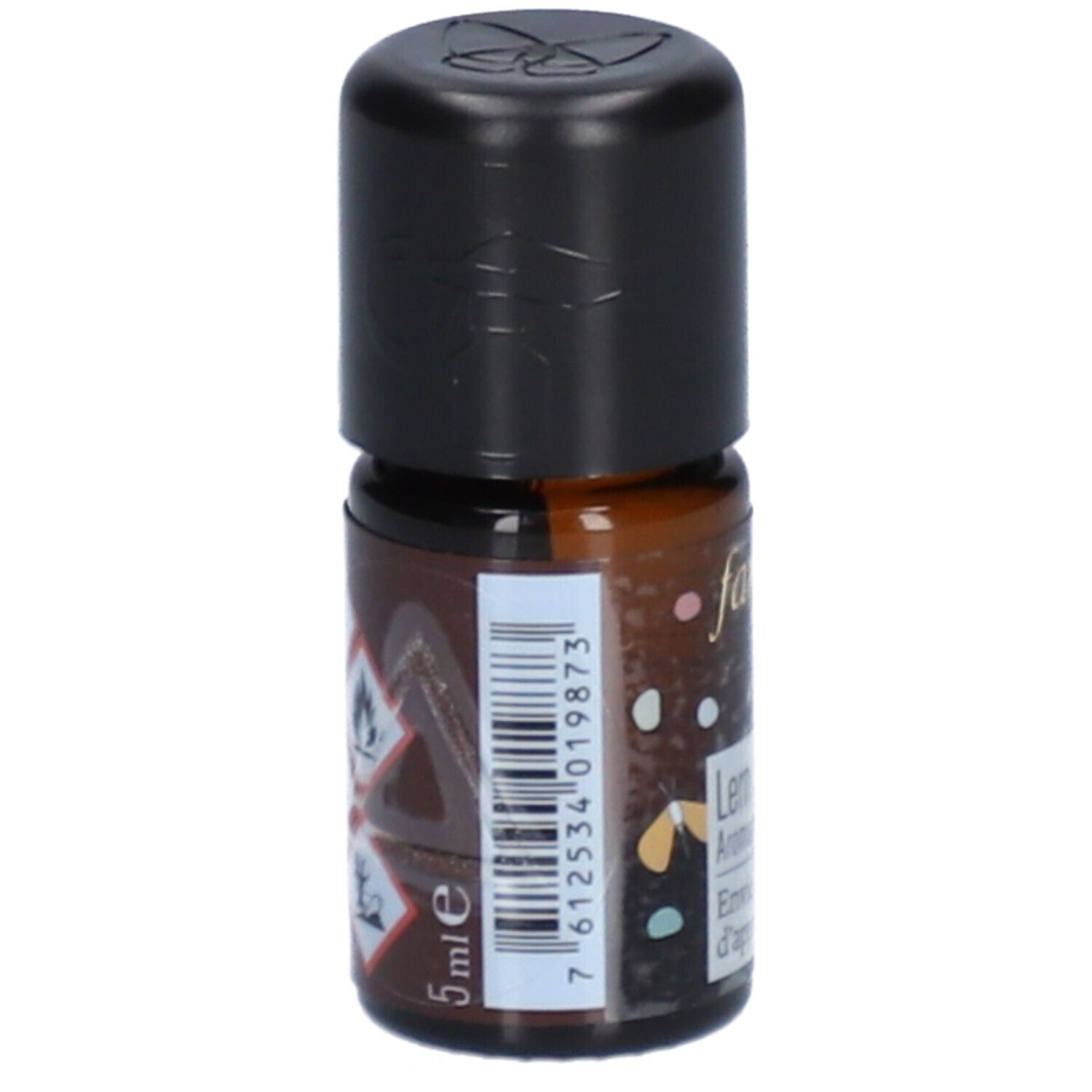 Braune Glasflasche mit schwarzem Deckel. Barcode und Warnhinweise. Aufschrift: farfalla, Lern gern Aromamischung, 5ml.