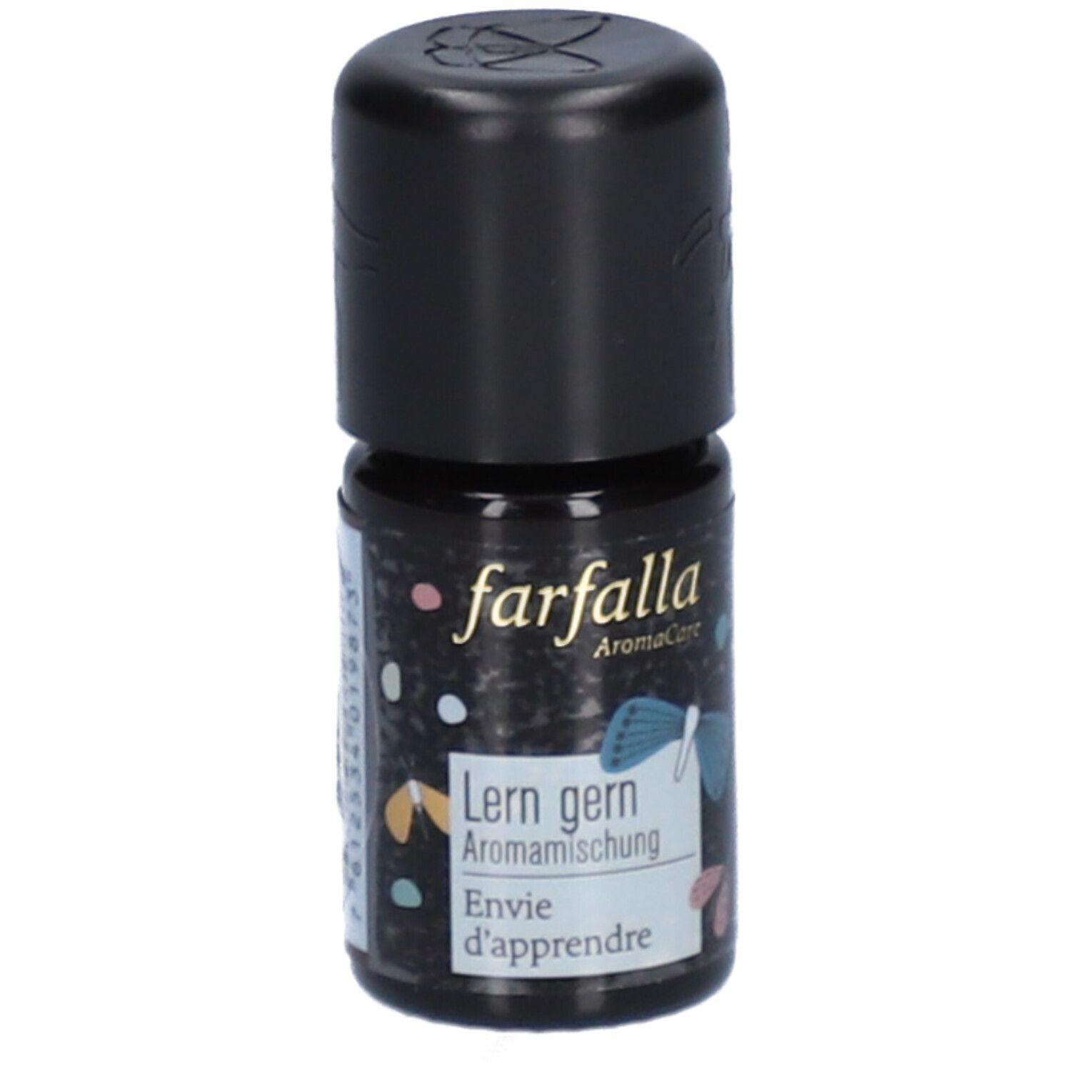 Braune Glasflasche mit schwarzem Deckel. Aufschrift: farfalla Aromakids, Lern gern Aromamischung, Envie d'apprendre. Bunte Illustrationen.