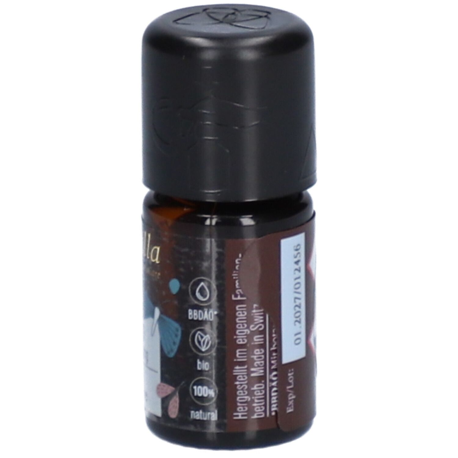 Braune Glasflasche mit schwarzem Deckel. Aufschrift: farfalla, Bio-Siegel, 100% natural, 01.2027/012456.